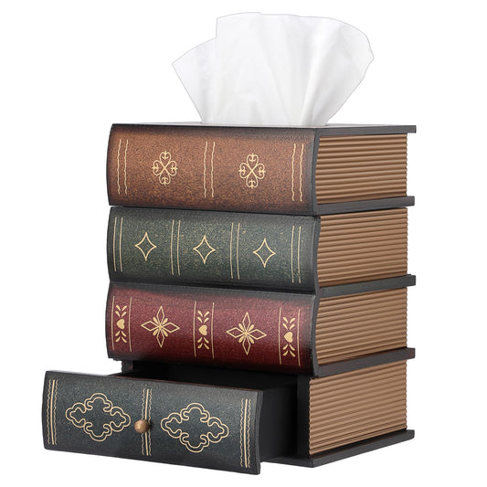 Hoowen Antique Wooden Book Tissue Box Cover with Storage Drawer, Square Tissue Holder Decorative Tissue Dispenser Case Retro Vintage Home Decor for Table Desk Bathroom Living Room Office, Brown Top