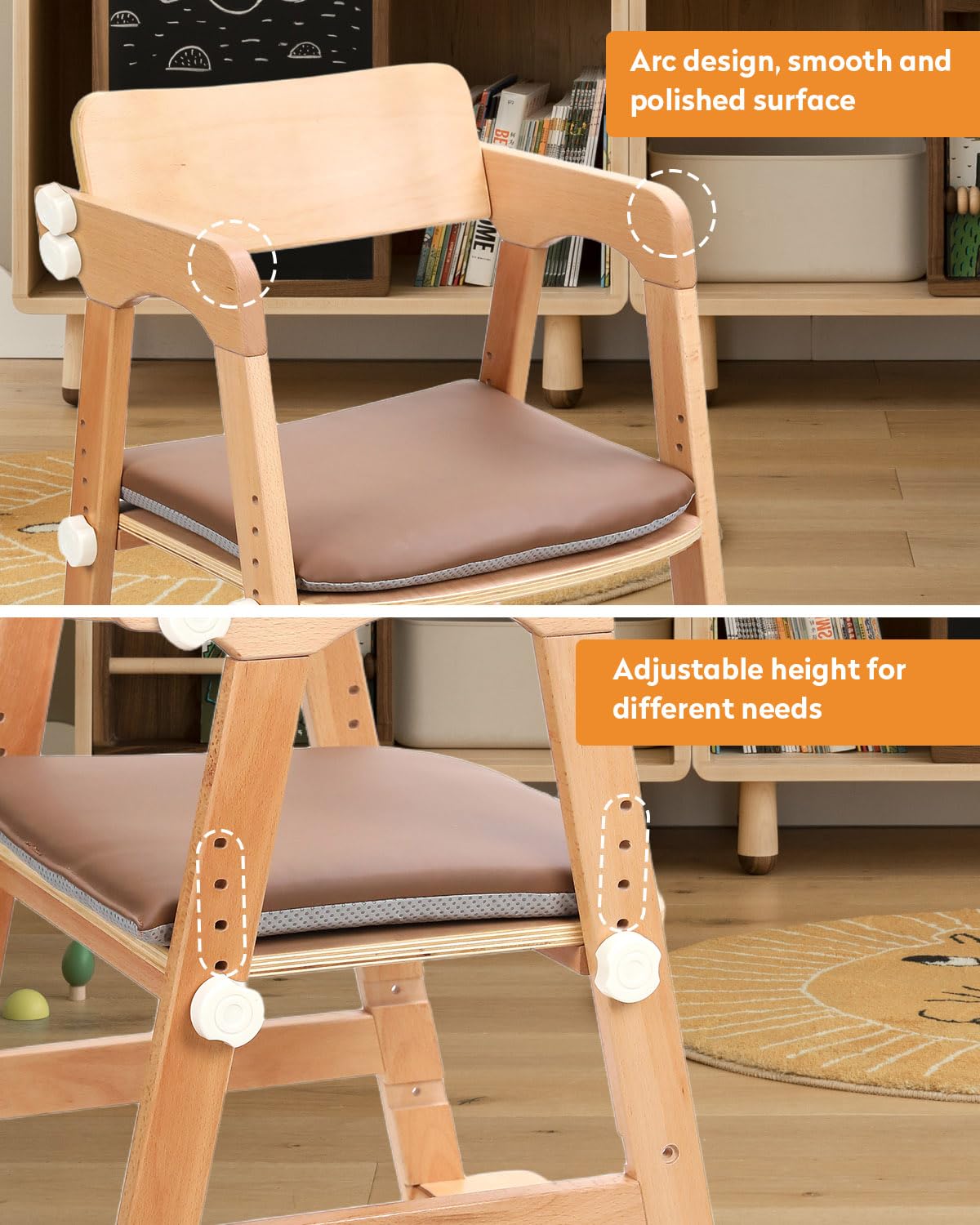 Wooden High Chair for Teens with Adjustable Seat, Backrest & Footrest