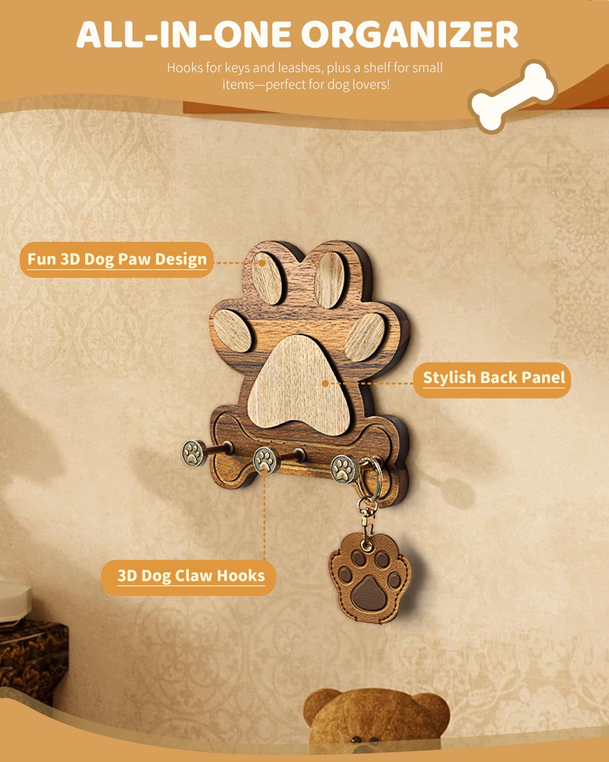 MTERSN Wooden Dog Leash Holder for Wall – Dog Leash Holder, Key Rack, and Coat Hanger – Rustic Farmhouse Wall Decor for Entryway Storage, Room Decor & Home Necessities(Acacia)