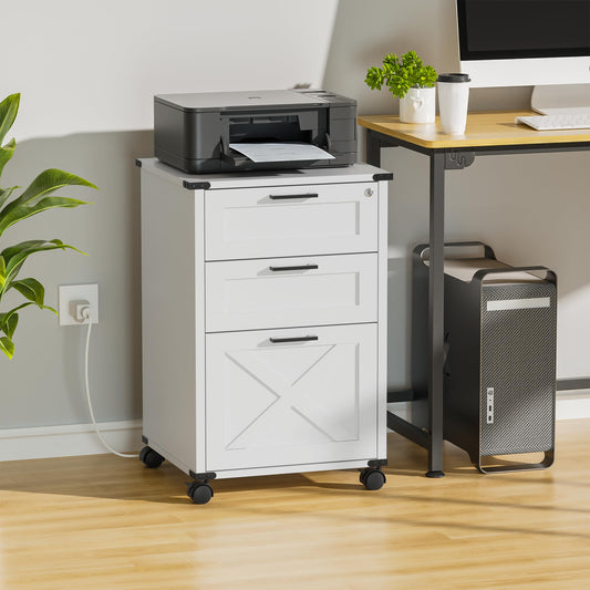 Onelike Small Wood File Cabinet with Lock, Nightstand with Charging Station, 3 Drawer Under Desk Lateral Filing Cabinets for Home Office, Printer Stand with Storage, White