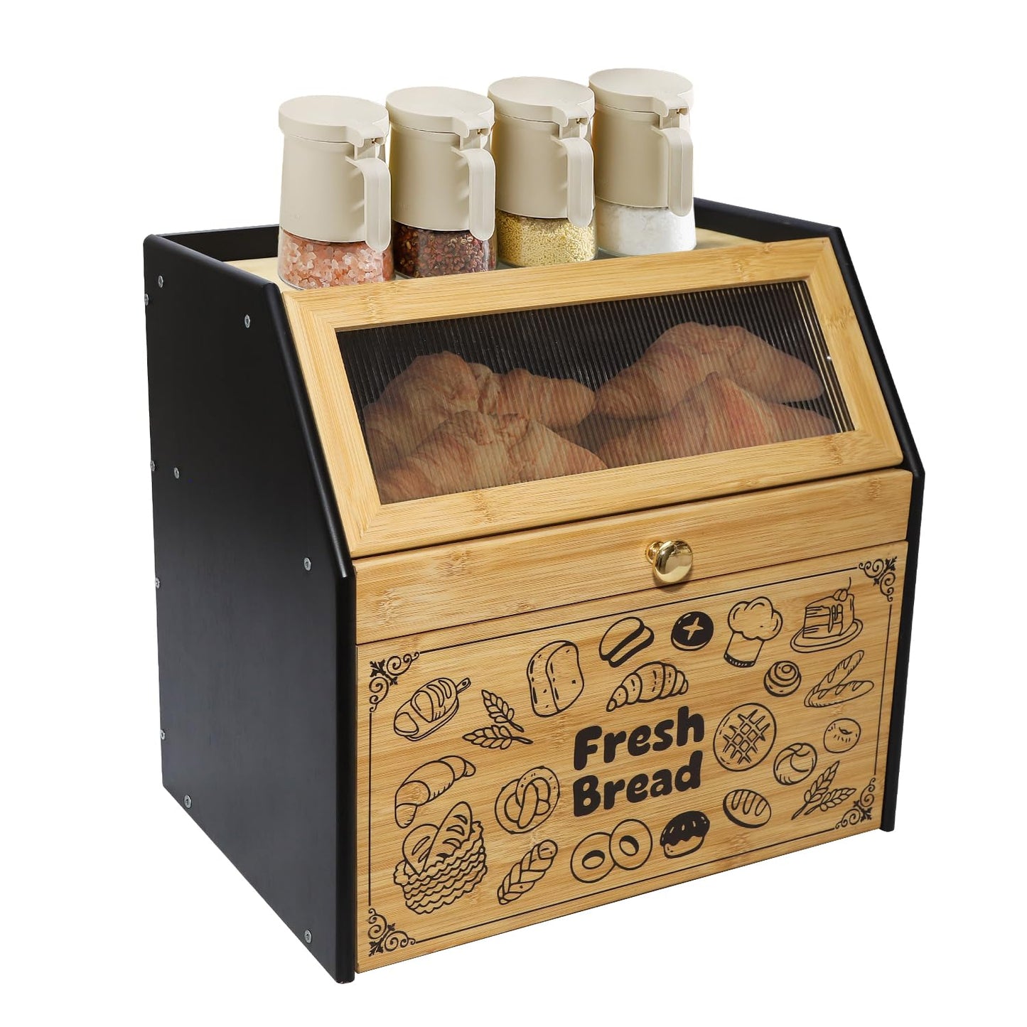 Upgraded read Box for Kitchen Countertop, Double Layer Bread Storage Container, Wooden Bread Storage Bin, Bread Boxes for Kitchen Counter Corner, Cabinet, Pantry, Cupboard (Black)