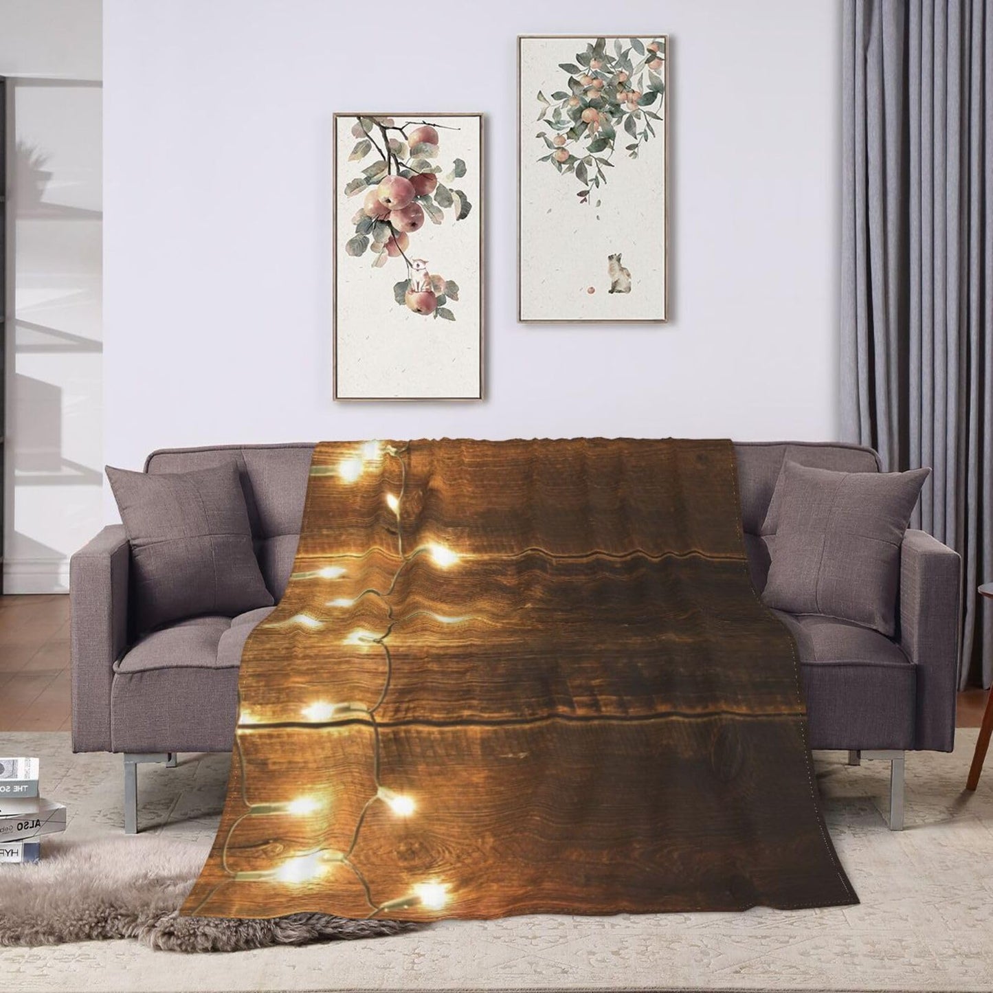 50"X40" String Lights On Wooden Soft Flannel Blanket - Lightweight and Quick Drying, Used for Home, Travel, Camping
