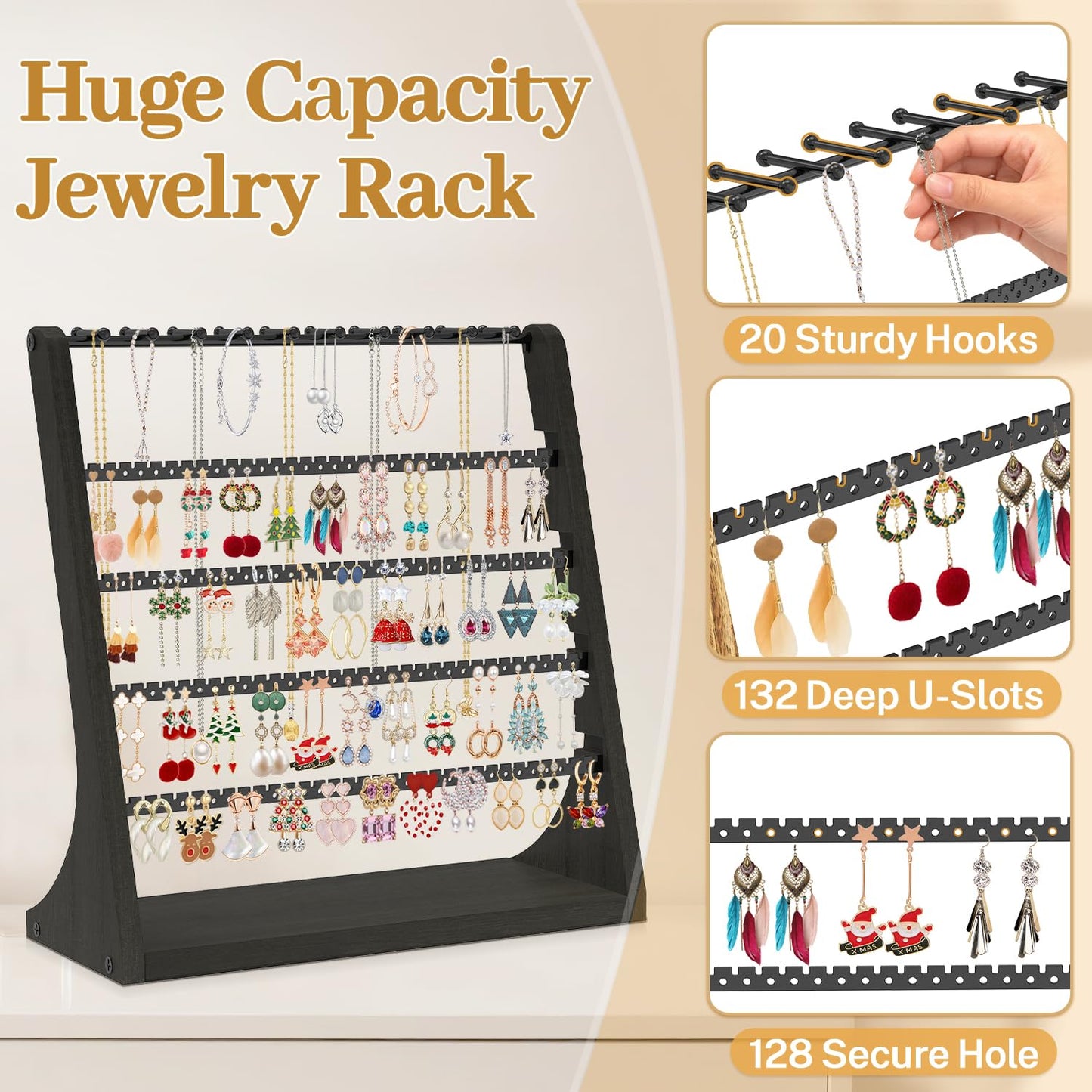 MODOWEY Earring Holder Organizer and Necklace Display Stand, Countertop Wooden Tree Rack for Stud Pierced Dangle Bracelet Storage, 5 Tier 20 Hooks Large Capacity Metal Jewelry Hanger for Women, Black