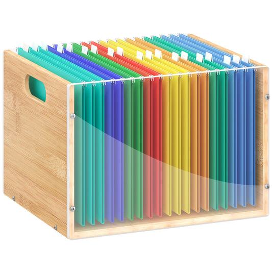 Sbanmao Clear Acrylic File Box Organizer, Bamboo Hanging Folder Storage Boxes, Filing Crate Bin Holder with Handle for Home Office Desk, Letter Size