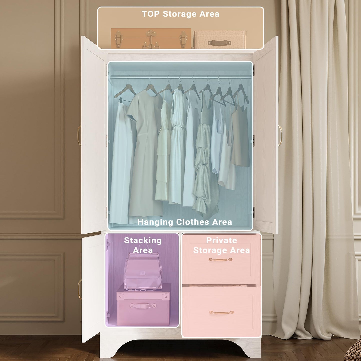 LIKIMIO Armoire Wardrobe Closet with Mirror and 3 Doors and 2 Drawers, Bedroom Wooden Armoire Storage Cabinet Combination with Hanging Rod for Bedroom, White