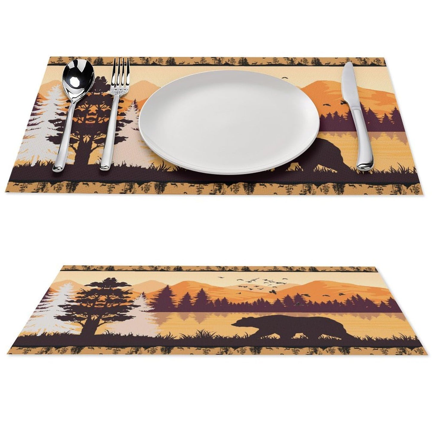 Forest Animal Cabin Placemats Set of 4, 12x18 Inch Country Bear Sunset Rustic Wooden Farmhouse Style Pine Tree Nature Printed Fall Holiday Coffee Table Mats for Party Kitchen Dining Decoration
