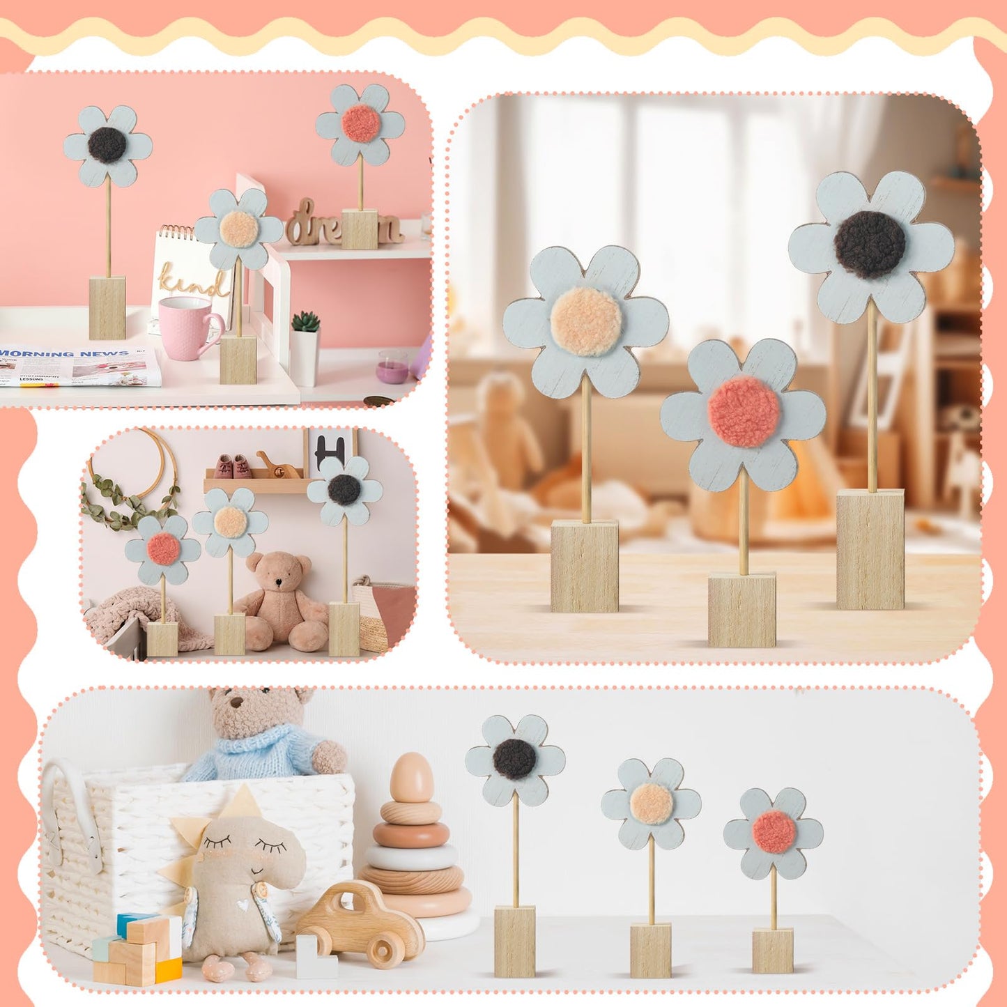 Suzile 3 Pcs Boho Nursery Shelf Decor Flower Wooden Table Sign Daisy Standing Table Centerpiece for Home Nursery Bedroom Girl Boy Baby Shower Decoration Gift