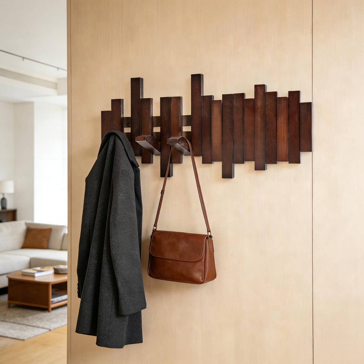 Coat Rack Wall Mount, Coat Hooks Wall Mount, Wall Mounted Coat Rack, Heavy Duty Wall Coat Rack with 6 Hooks, Acacia Wood Piano Coat Rack for Hanging Coats, Keys, Hats, Bags