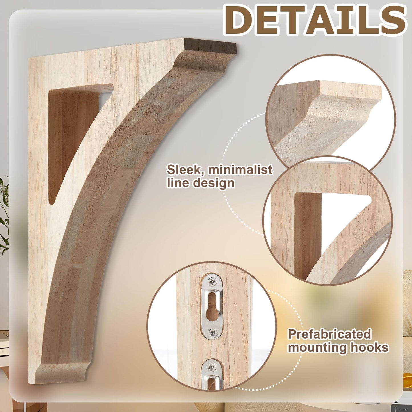 Briwooody 2 Pcs 1 3/4" W x 6 1/2" D x 9" H Wood Corbels Wooden Shelf Brackets Unfinished Paintable Decorative Shelf Brackets with Hanging Hook for Doorway Countertops Home Book Shelves Cabinet