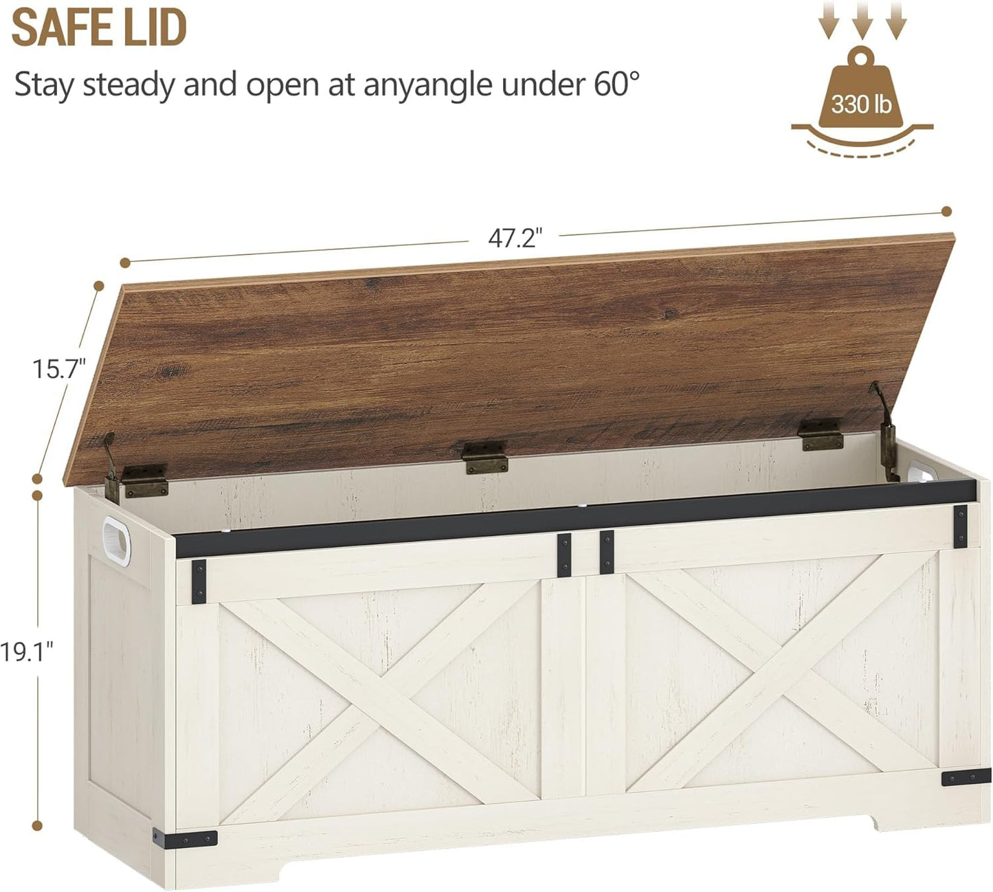 Hzuaneri 47.2" Storage Chest, Large Storage Trunk with 2 Hinges, Farmhouse Wooden Box Bench, Lift-Top Organizer Chest, Entryway Trunk for Bedroom, Living Room, White and Brown SB12114X