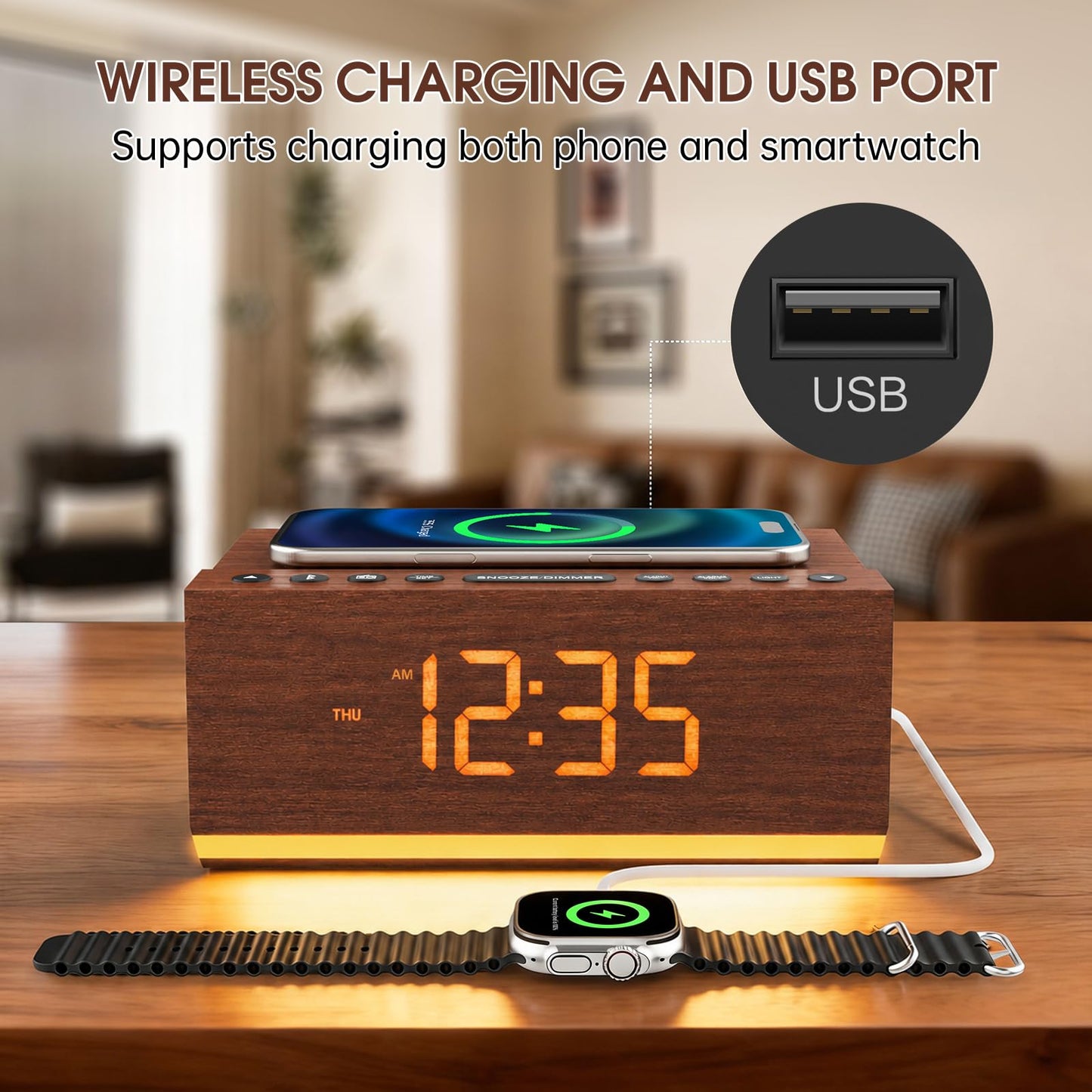 Hoifen Wooden Digital Alarm Clock with Bluetooth Speaker, Wireless Charging, FM Radio, Night Light, Auto Time Sync, Dual Alarms, USB Port, 9-Min Snooze for Bedroom, Desk, Bedside Clock Home Decor Gift