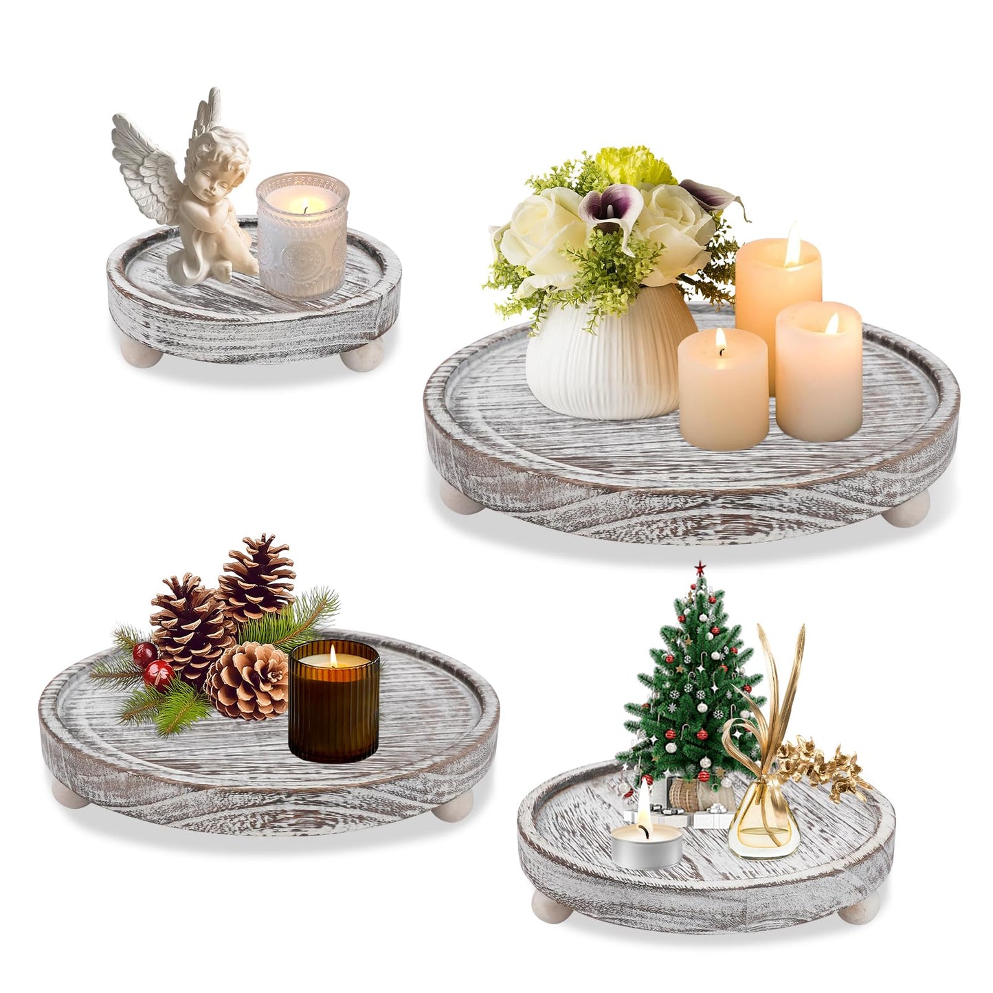 Set of 4 Wooden Candle Plate Holder Tray Riser, Wood Pillar Tealight Candle Holder Farmhouse Coffee Table Centrepiece Decorative Tray for Home Thanksgiving Wedding Xmas Decor Table Decorations