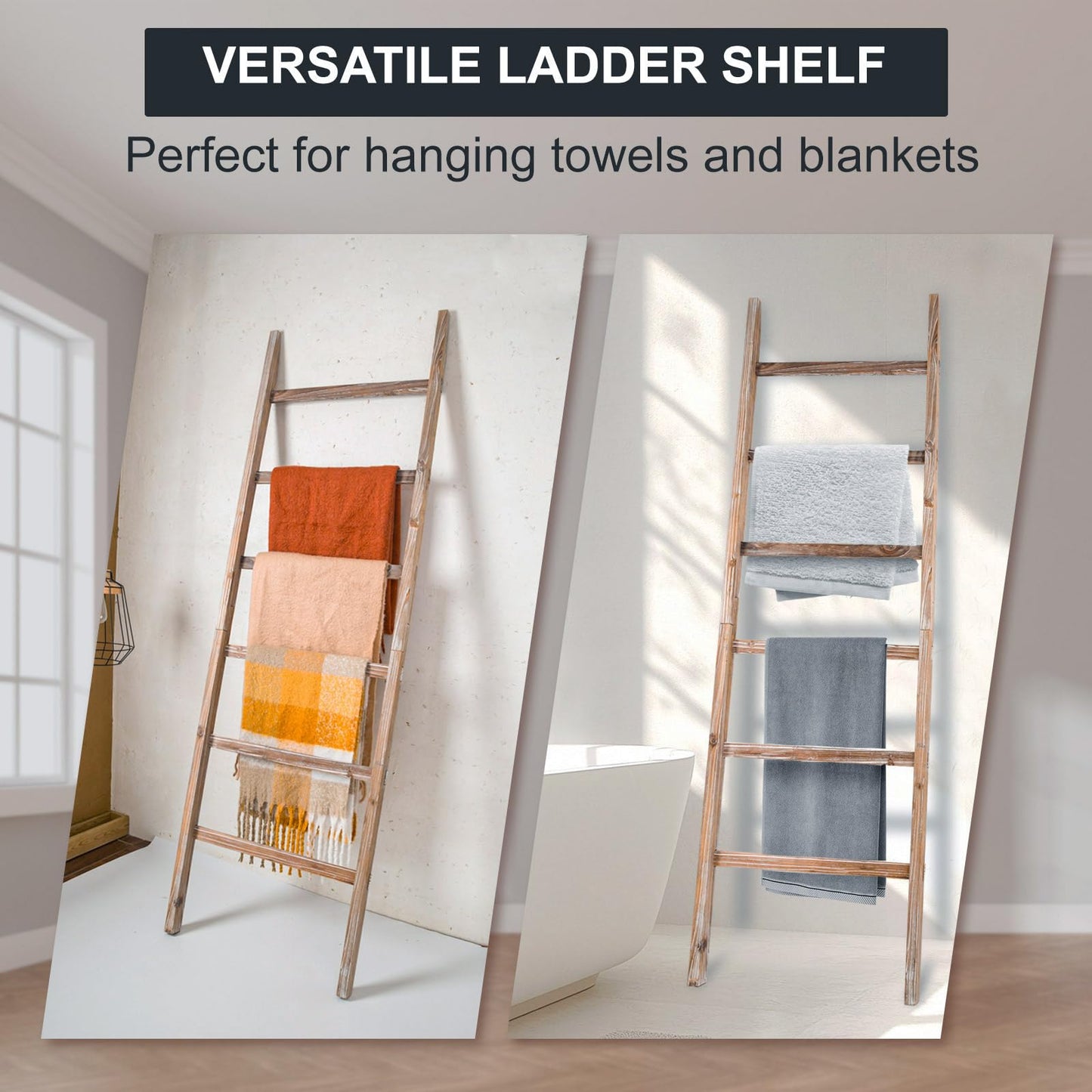 storenization Blanket Ladder 6.4FT, Wooden Blanket Ladders for the Living Room, 6-Layer Farmhouse Rustic Quilt Rack for Living Room Bathroom (24 inch Wide)