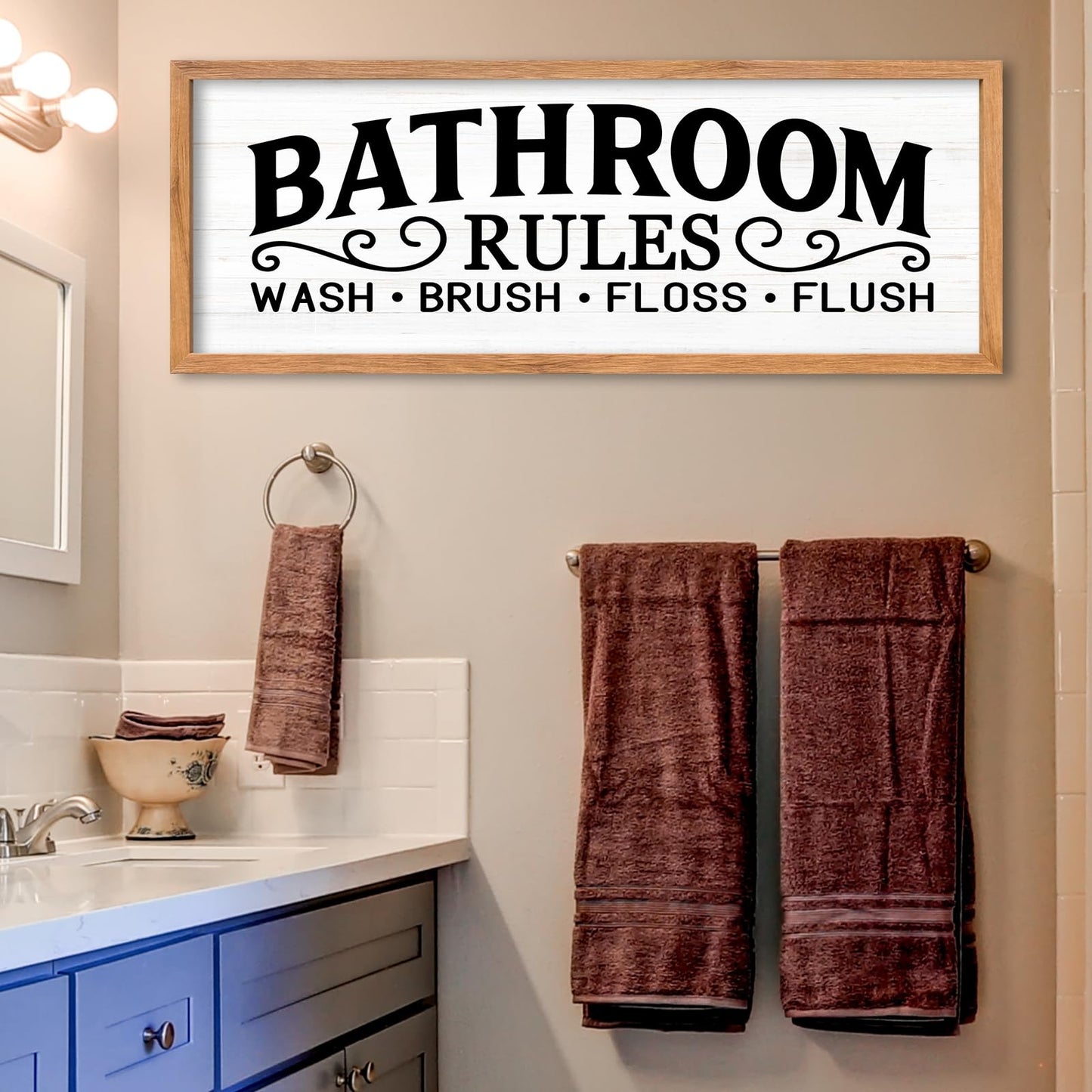 AuraPeak Bathroom Rules Wash Brush Floss Flush Wall Decor Funny Wooden Quote Sign Home Farmhouse Laundry Room Restroom Toilet Shelves Hanging Art Wall Decor (Wood White 32"×12")