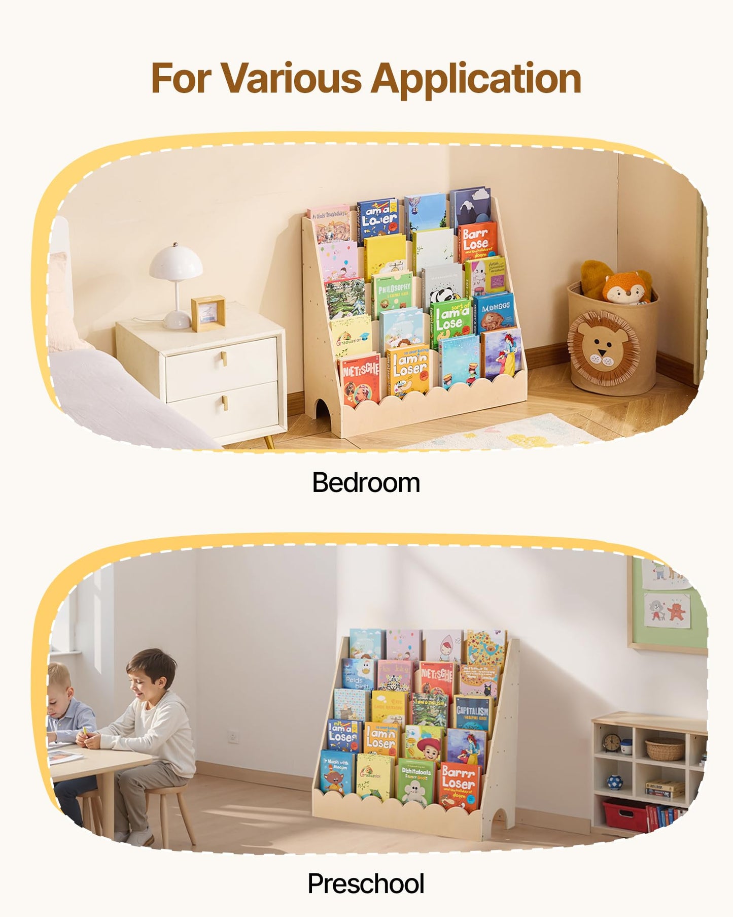 VEVOR 5-Tier Montessori Bookshelf, Scalloped Kids Bookcase, Wooden Book Shelf, Daycare Furniture Display Bookshelf for Bedroom, Living Room, Entryway, Nursury, Preschool