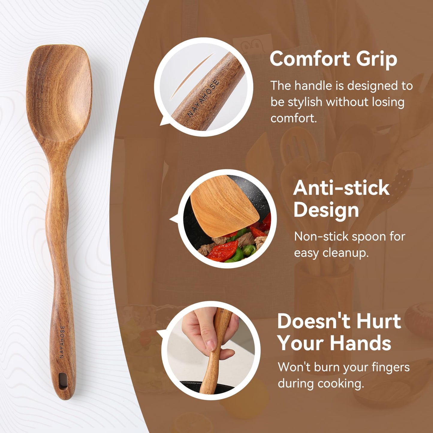 NAYAHOSE Kitchen 10PCS Teak Wooden Utensil Set with Holder and Spoon Rest