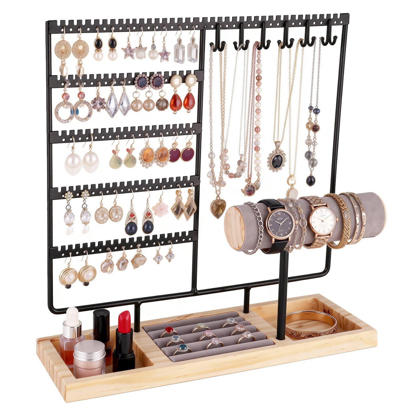 Ciormis 5 Tier Jewelry Holder Organizer, 72 Holes Earring Tree Holder Organizer 12 Hooks Necklace Rack Display Holder with Ring Storage Tray Bracelet Display Holder for Preppy Girl Friend Gift(Black)