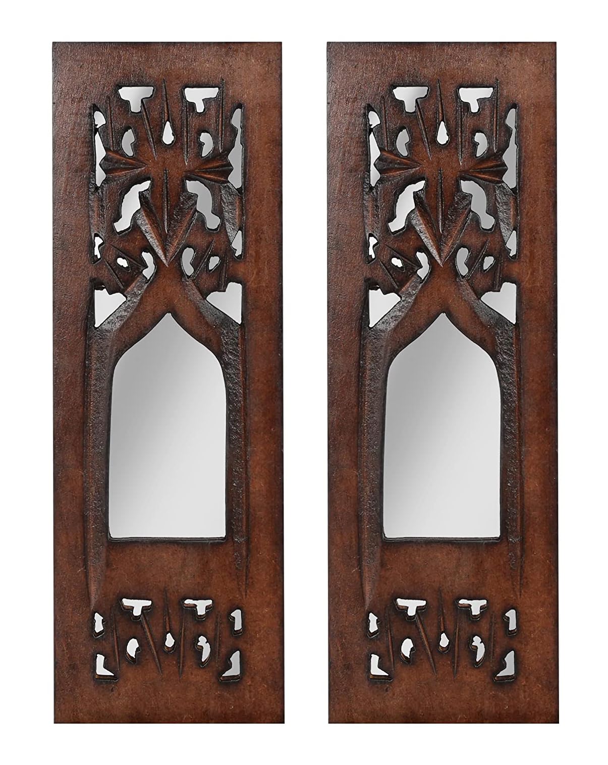 The Wooden Town Wall Hanging Plaques Wall Décor Jharokha With Mirror, Elegant Sculpture Wall Décor Panel to Enhance the Décor of Your Room or Office - 12x4 Inch - Burnt Set of 2