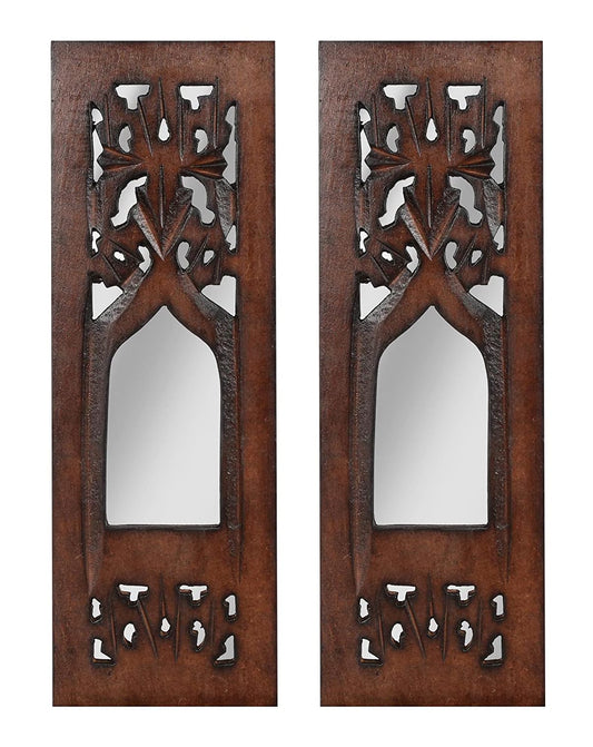 The Wooden Town Wall Hanging Plaques Wall Décor Jharokha With Mirror, Elegant Sculpture Wall Décor Panel to Enhance the Décor of Your Room or Office - 12x4 Inch - Burnt Set of 2
