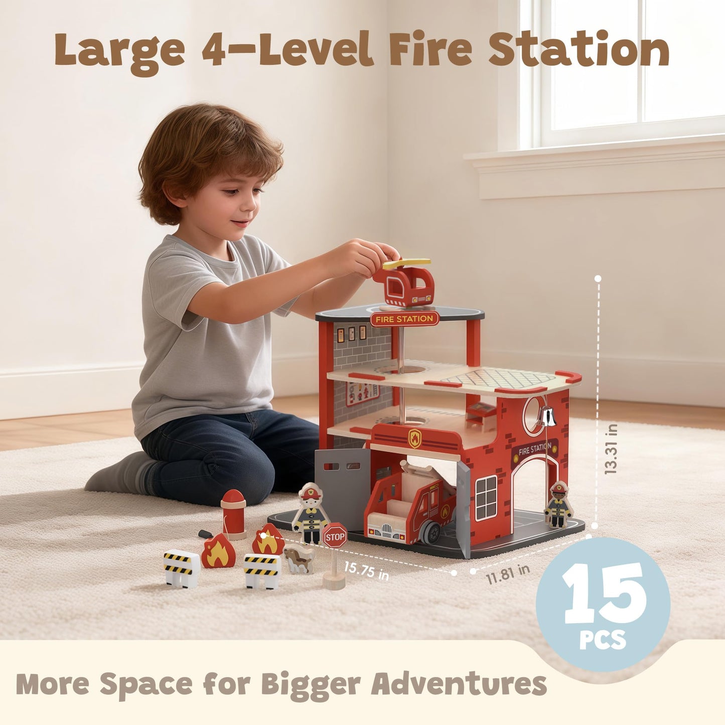 Freniland Wooden Fire Station Playset, 4-Level Pretend Play Firehouse with Fire Truck, Helicopter, Figures & Accessories, Educational Role Play Toy for Toddlers Kids Age 3+