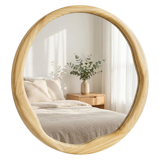 Pocetry Natural Wood Round Mirror 24 Inch, Solid Wood Framed Wall Mirror with Irregular Wavy Inner Edge for Bathroom Vanity, Bedroom & Boho Decor