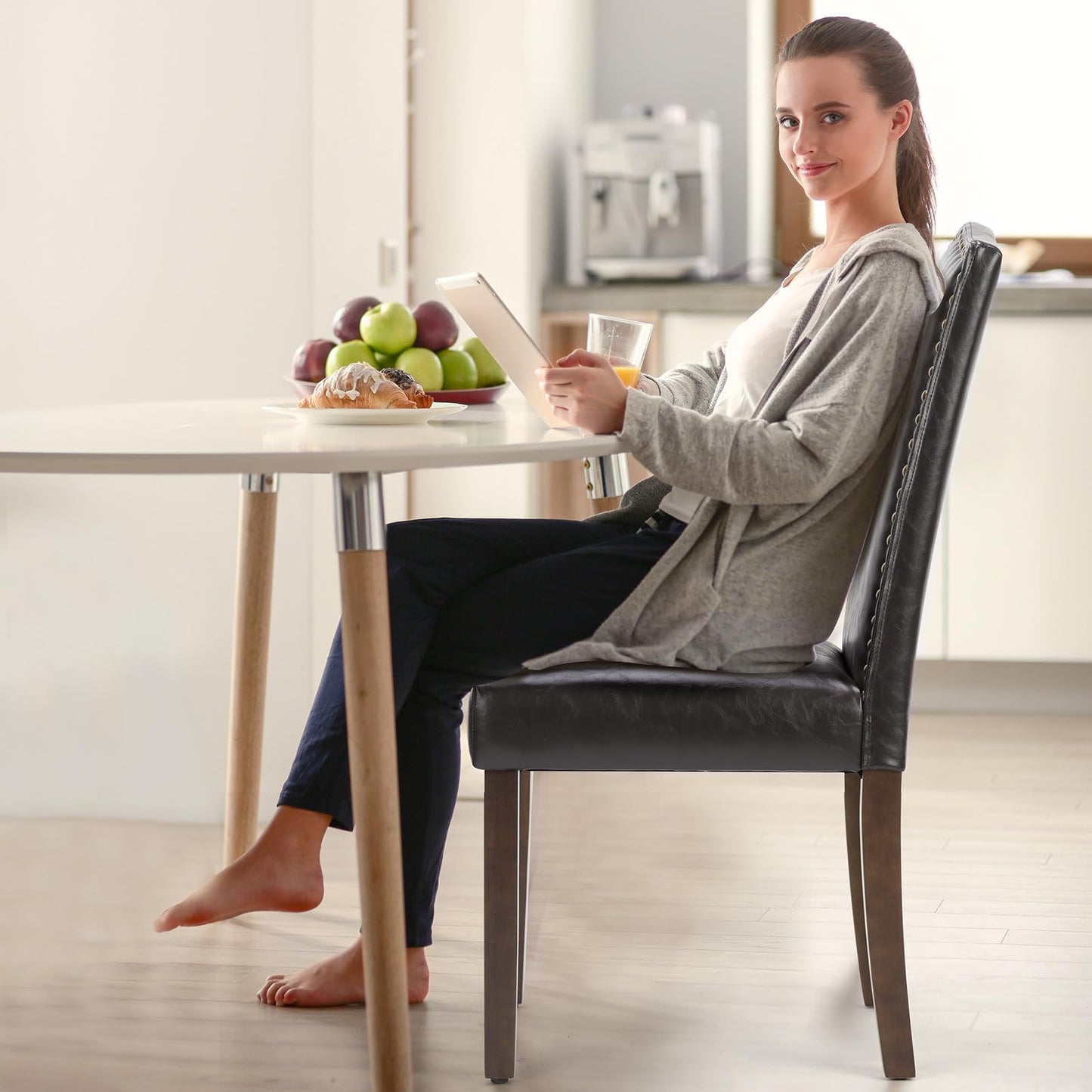 DUMOS Dining Chairs Set of 6, PU Leather Upholstered Kitchen Chairs with Wooden Legs and Padded Seat, Modern Accent Chair for Dining Room, Kitchen, Living Room, Restaurant, Brown