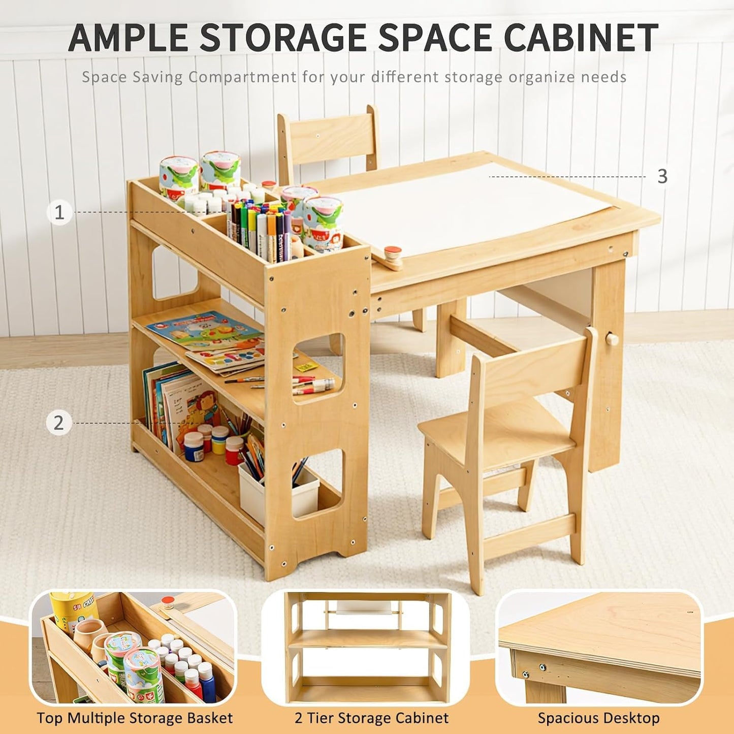 WINGYZ 5 in 1 Kids Art Table and Chairs - Toddler Activity Table and 2 Chair Set with Storage Cabinet, Wooden Kids Craft Table, Art Desk Sensory Table with Paper Roll for Playroom Ages 2-12 Gift