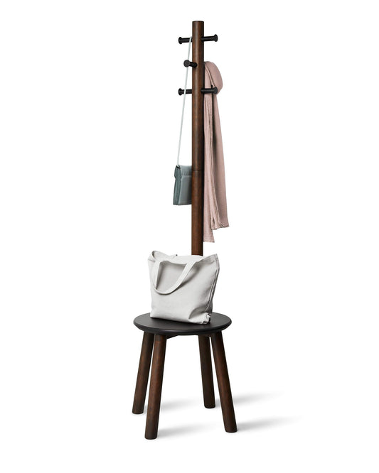 Umbra Pillar Coat Rack, Stool, Clothing Organizer, Umbrella Holder and Hat Organizer, Great for Entryway, Black/Walnut