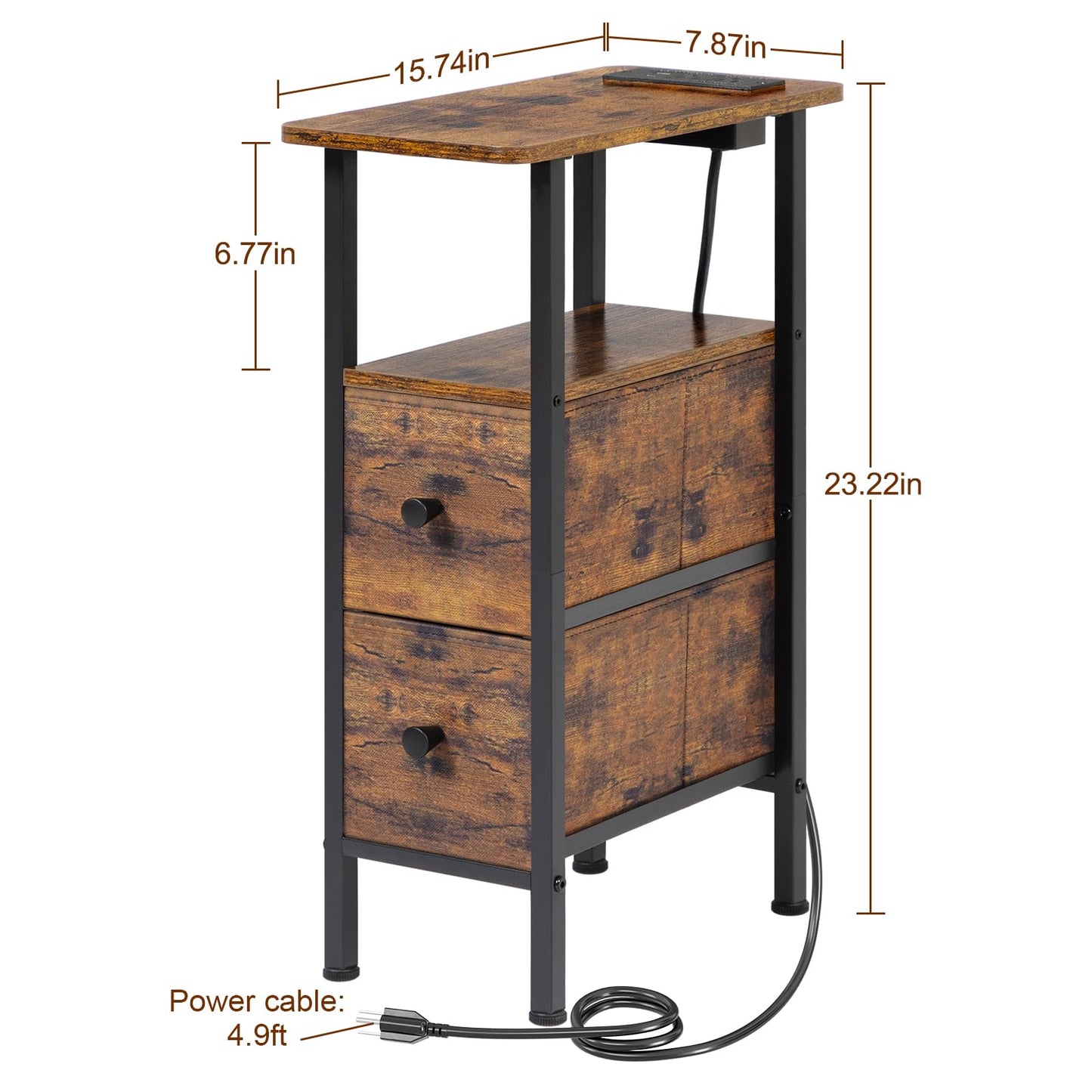 LOAKEKEL Narrow Nightstand with Charging Station, End Tables Living Room Set of 2, Skinny Side Table with Fabric Drawers, Slim Sofa Table for Bedroom, Small Spaces, Couch, Rustic Brown, HETNDP02PBR