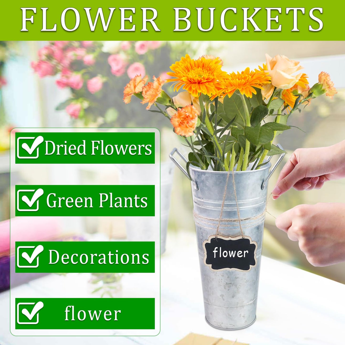 8Set Galvanized 10 Inch Metal Vases for Flowers, Rustic Flower Bucket Vases with Small Chalkboard Label, Metal Vase with Handle Flower Bar Supplies for Home Garden Wedding Cut Flowers Sparkler Holder