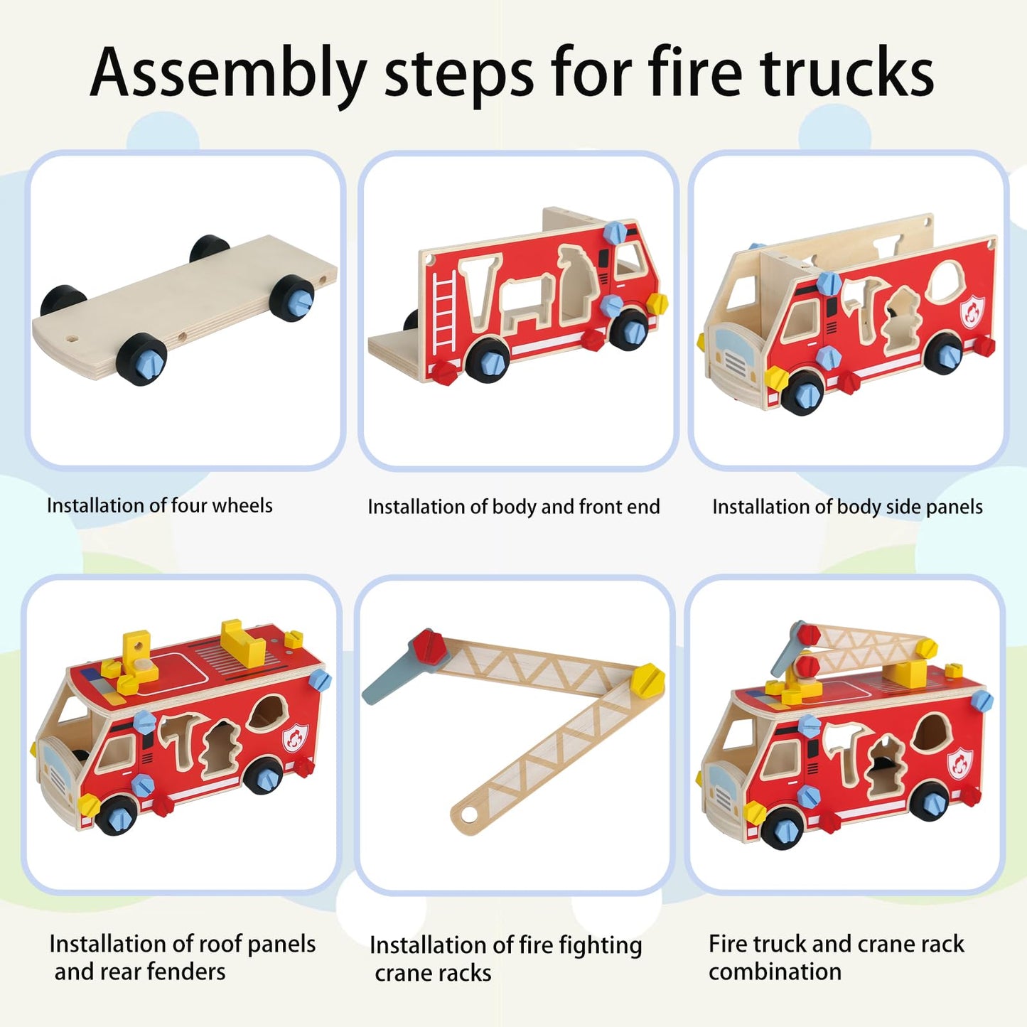 LOVELAND Wooden Fire Truck Toy – Take-Apart STEM Vehicle with Firefighter Tools & Shape Sorting, Montessori Educational Gift for Toddlers Boys Girls Ages 3+