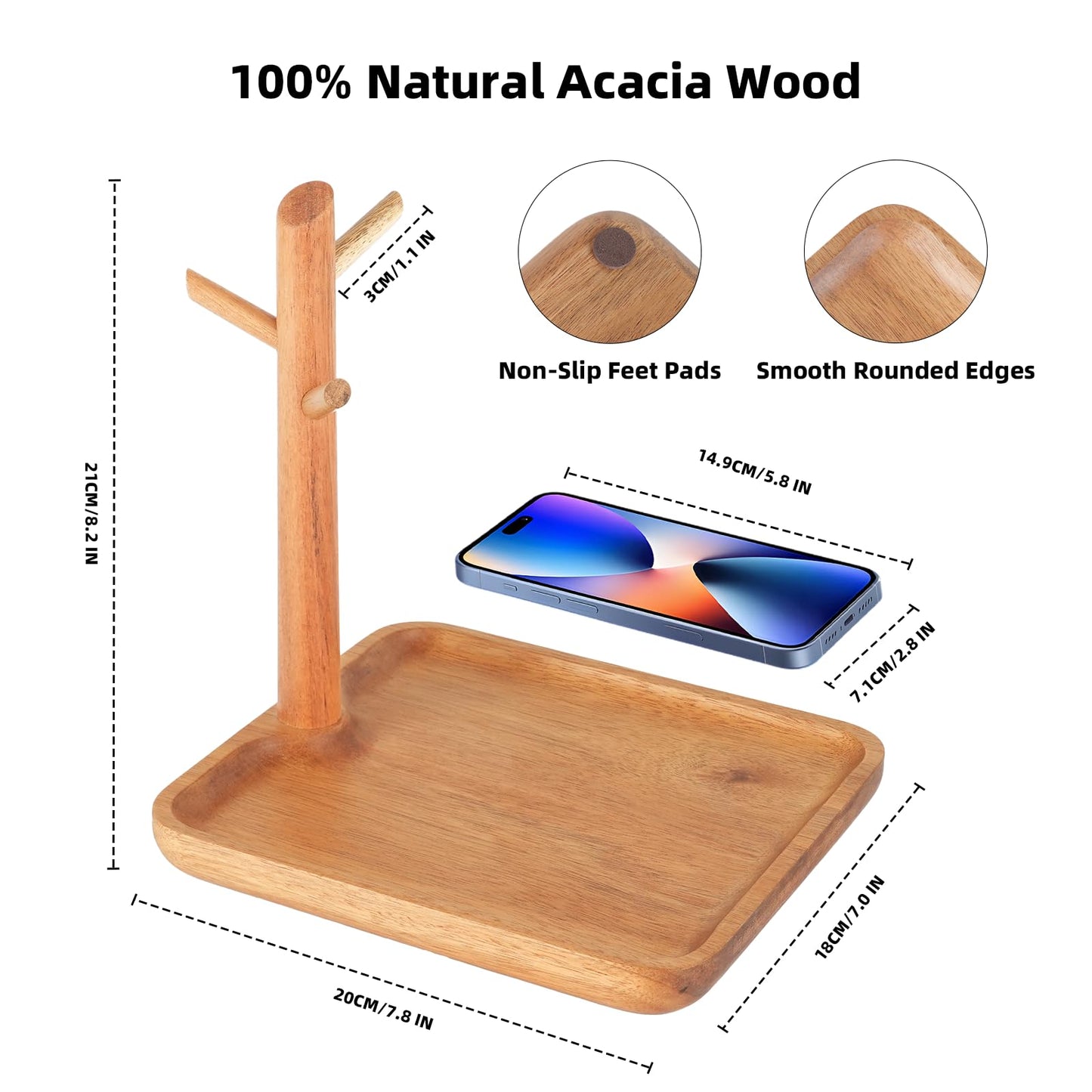 E-ROOM TREND Acacia Wood Key Tray for Entryway Table, Wooden Catchall Organizer with Jewelry Storage Rack, Valet Tray for Keys Wallet Watches Sunglasses Rings(Square)