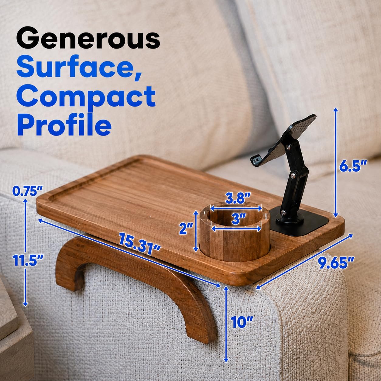 Nesture Living Couch Armrest Table with Cup Holder (15.31" x 9.65") - Acacia Sofa Arm Tray Organizer with Magnetic & 360° Rotating Phone Holder - Fits Couch Arm for Drinks, Snacks & Remote Control