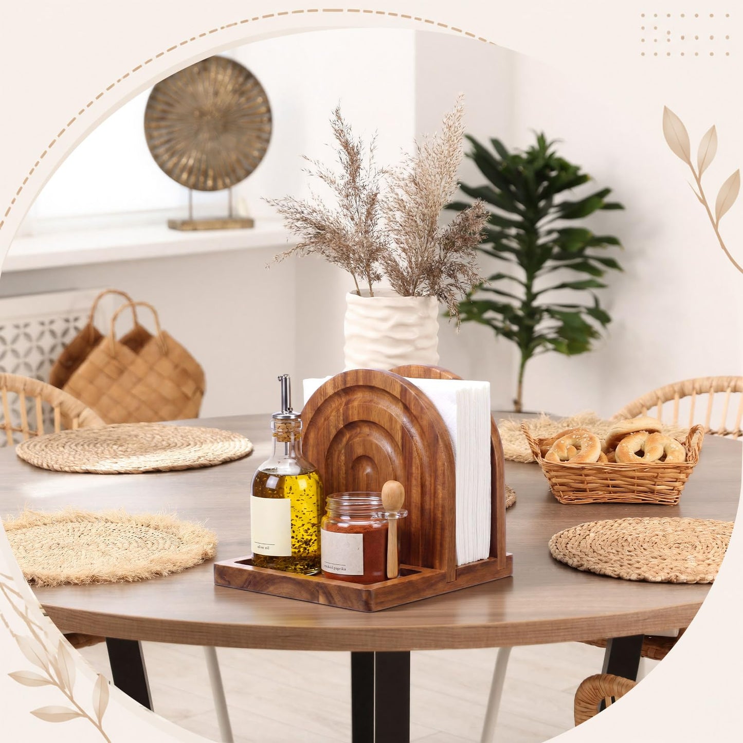 Singhoow Acacia Wood Napkin Holder with Salt and Pepper Shaker Caddy, Modern Arch Paper Napkin Dispenser and Condiment Organizer for Dining Table Kitchen Counter, Farmhouse Boho Home Decor