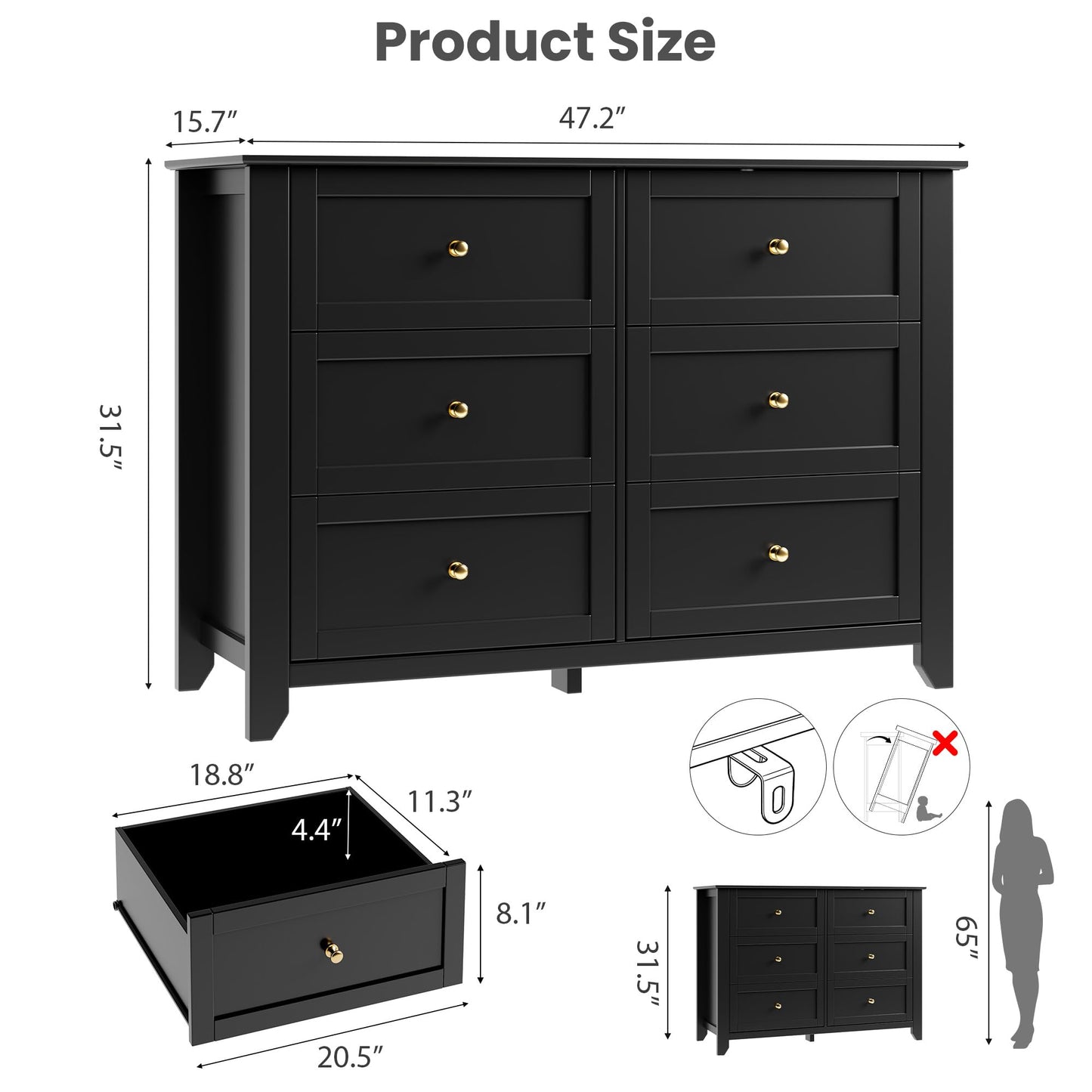 Garvee 6 Drawer Dresser for Bedroom, 47.2" Wide Modern Large Chest of Drawers with Metal Knobs, Wooden Clothes Storage Organizer for Closet, Nursery, Living Room, Apartment, Black