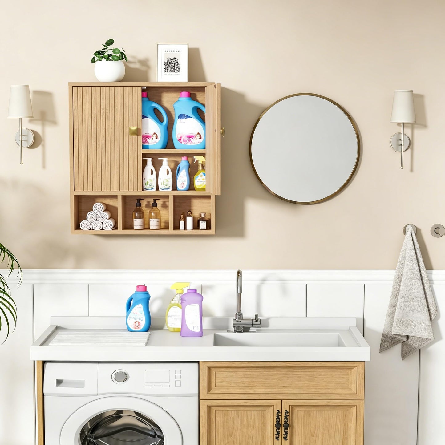Tltaroni Bathroom Wall Cabinet,Wooden Medicine Cabinet with Fluted Doors Over The Toilet Storage Cabinet with Adjustable Shelf for Bathroom,Wood
