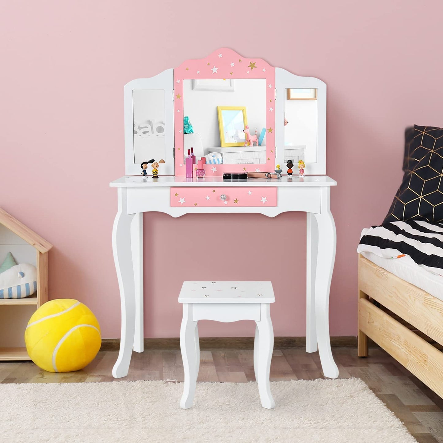 HONEY JOY Kids Vanity, Wooden Princess Makeup Dressing Table with Stool & Drawer, Tri-Folding Mirror, Detachable Top, Toddler Pretend Play Vanity Set for Little Girls (White)
