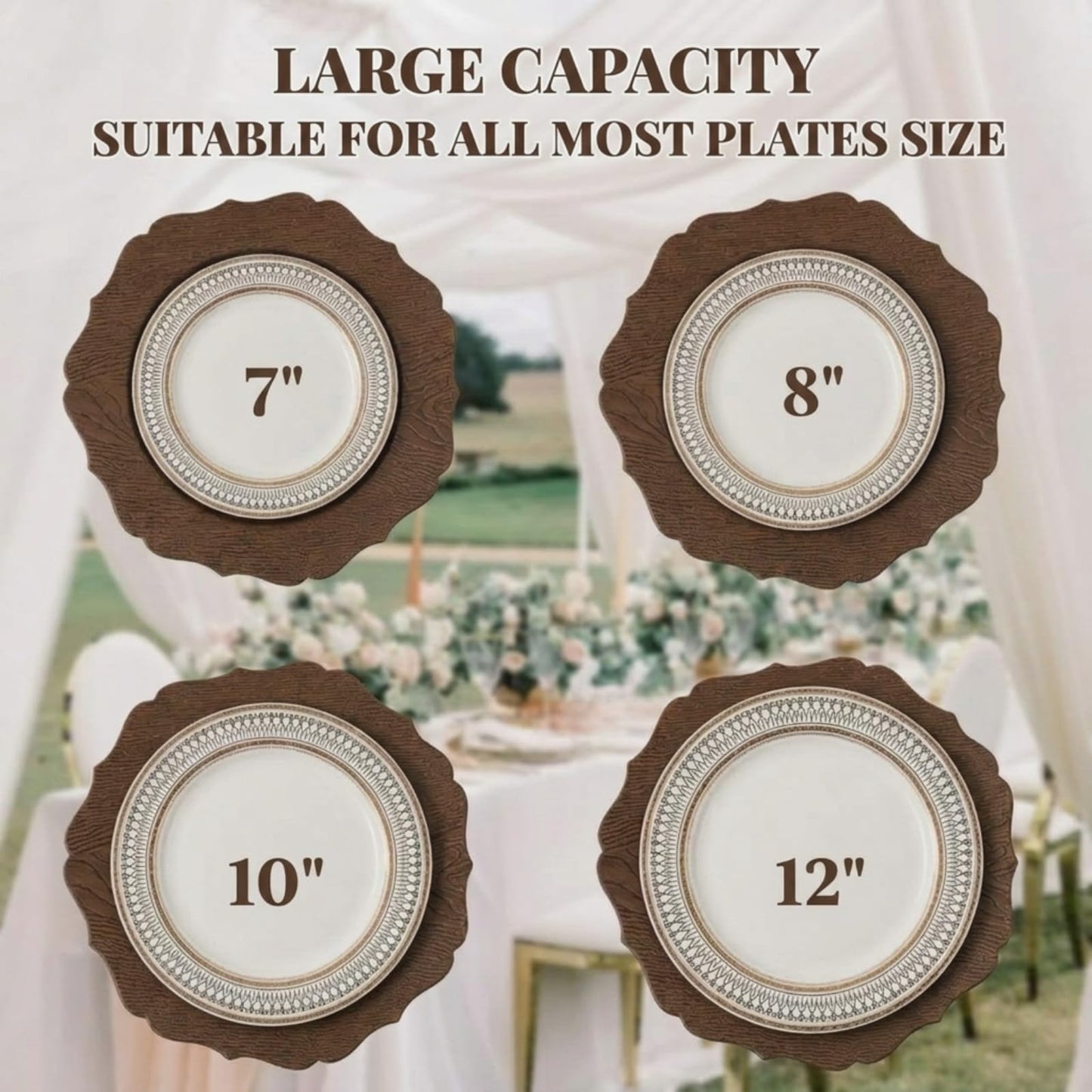 Havawish 6 Set 13" Rustic Brown Wooden Textured Acrylic Charger Plates with Handmade Acacia Wood Napkin Ring, Farmhouse Round Charger with Scalloped Rim for Dining Weddings Party Table Decor