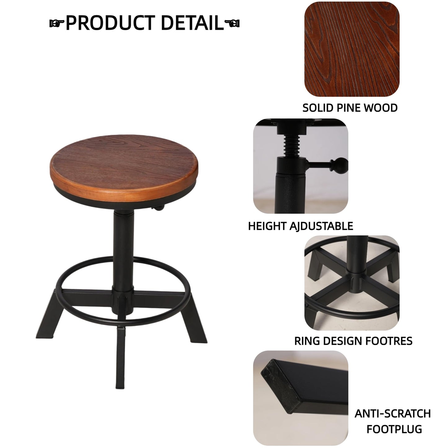 BOKKOLIK Set of 2-Industrial Bar Stool-Counter Height Chairs- Swivel Wooden Seat- Adjustable 17.7-24inch