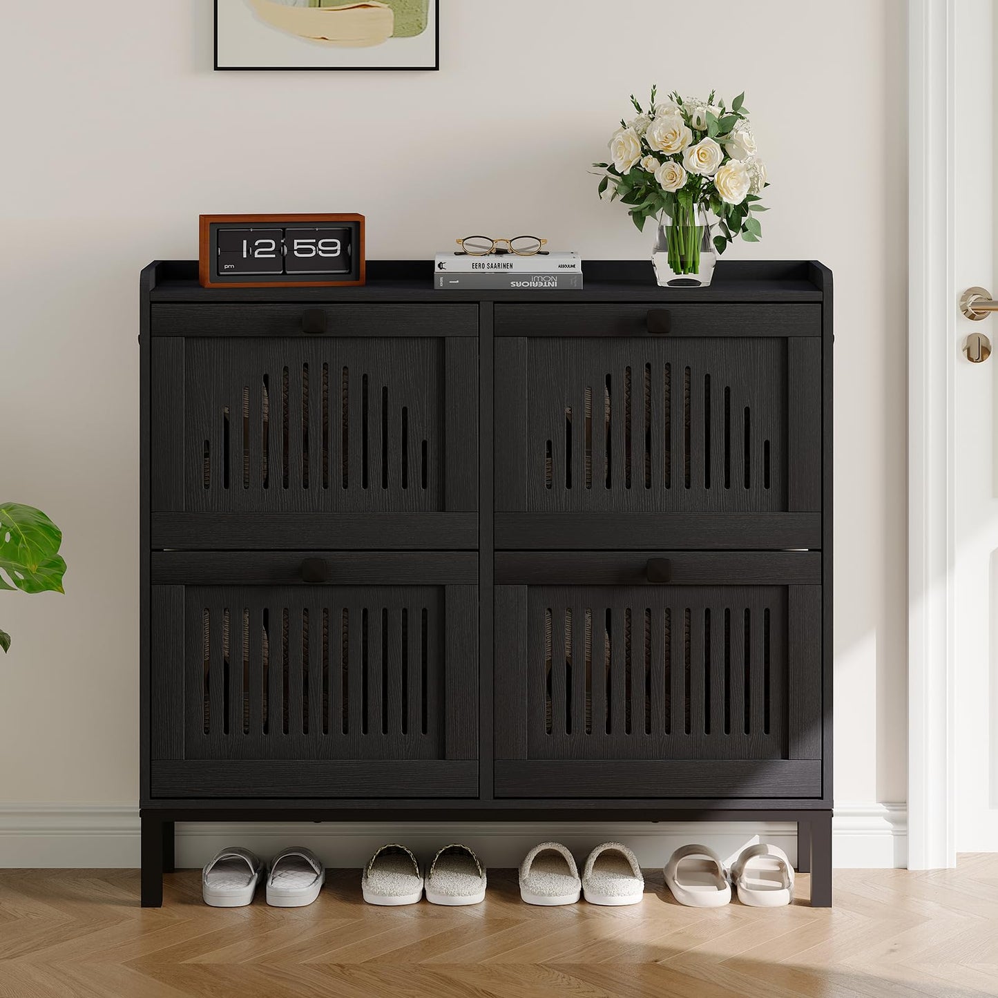 4-Door Flip Front Shoe Cabinet with Adjustable Shelves – Hidden Entryway Storage Organizer for Hallway, Foyer, Living Room – Freestanding Wooden Shoe Rack with Large Capacity & Modern Design, Black