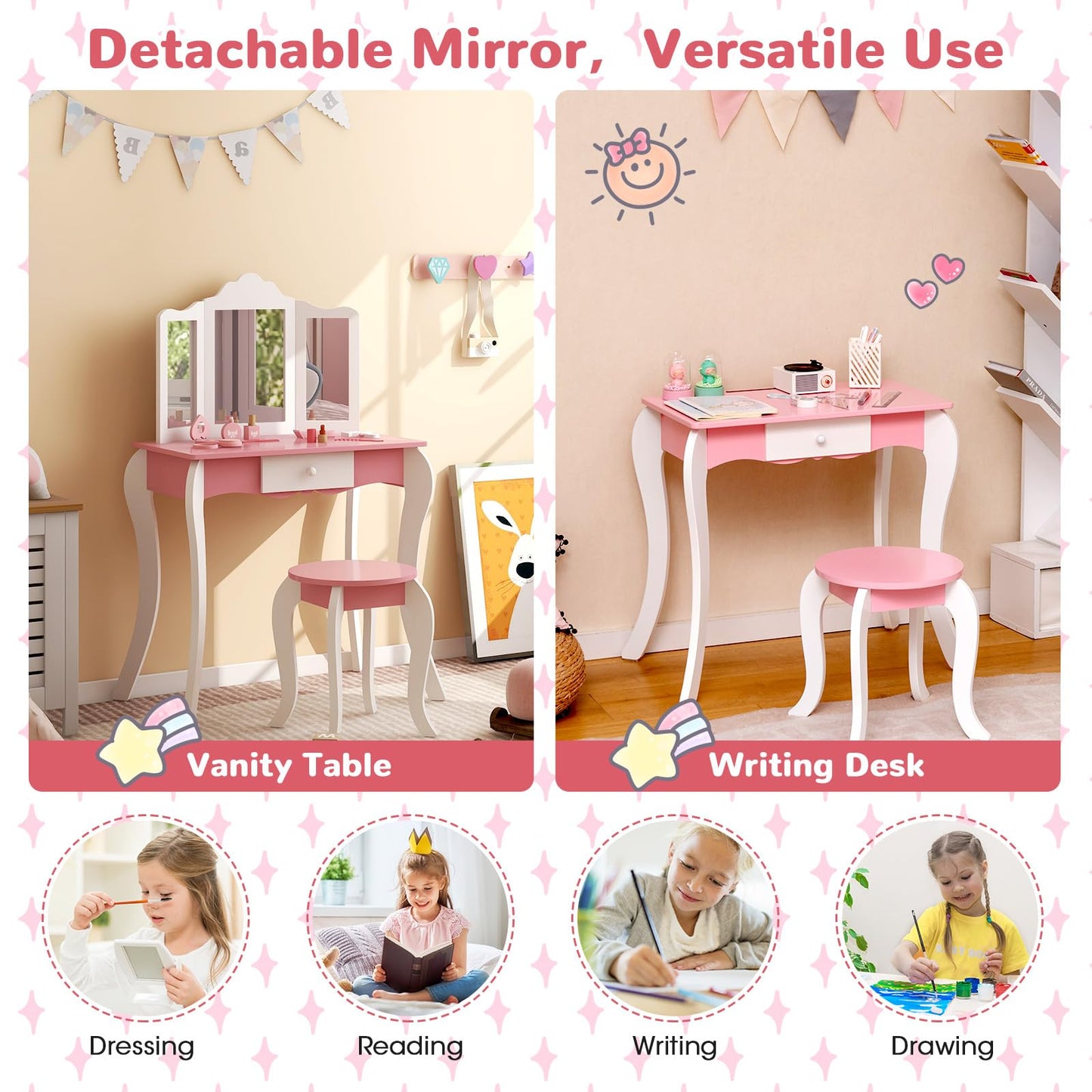 HONEY JOY Kids Vanity, Toddler Wooden Makeup Vanity Table & Chair Set, Tri-Fold Princess Mirror, Little Girls Vanity Set with Mirror and Stool (Pink)
