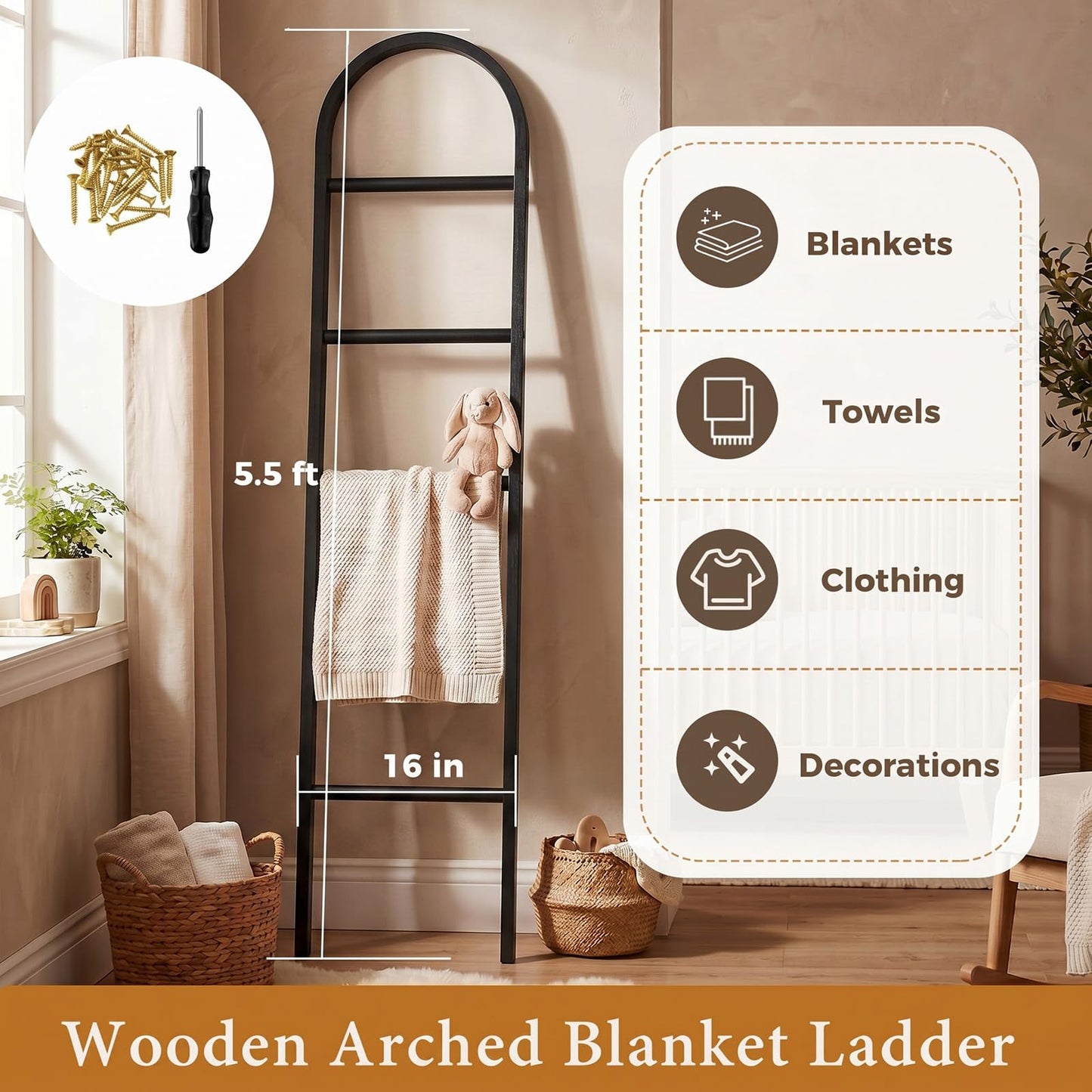 Sintuff Arched Blanket Ladder for Living Room, 5.5ft Wooden Blanket Rack, 5-Tier Natural Leaning Ladder Shelf for Farmhouse Bedroom Living Room Bathroom Decor (Arch,Balck)