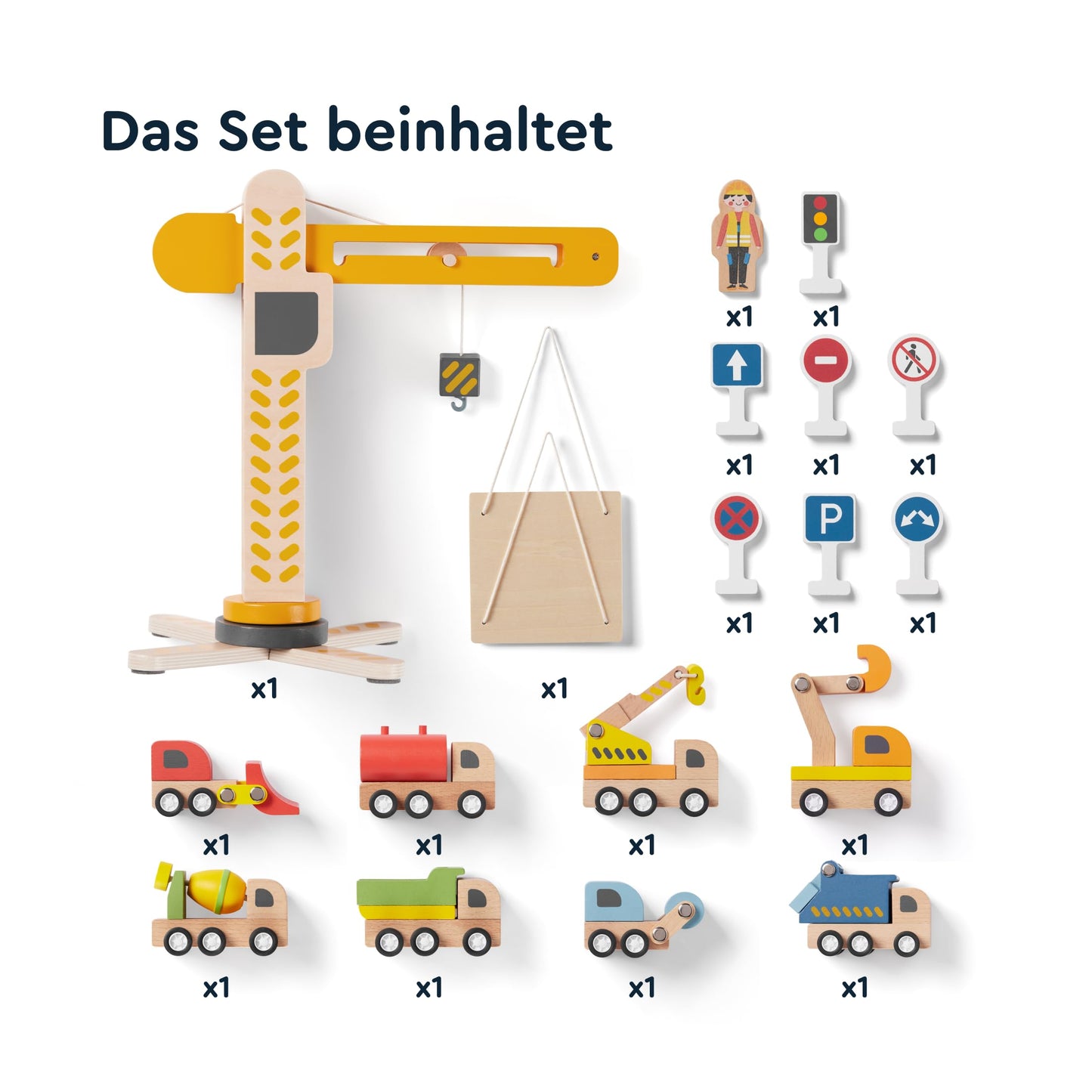 JERIDOO Interactive Wooden Construction Toy Crane, Rotating Base, Lifting Hook, with Vehicles, Excavator, Cement Mixer and Road Signs, 18-Piece Set for Toddlers 3-6, 8, Non-Toxic Wood, Parent-Designed