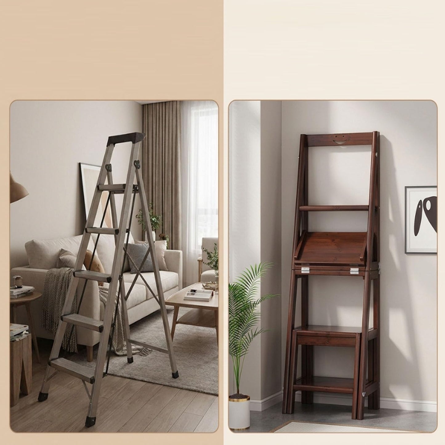 RASJCGRCOA Ladder Chair, Step Stool, Folding Library Shelf, 2 in 1 Convertible Solid Wood Ladder, Multi-Functional Portable Household Stair for Kitchen Living Room