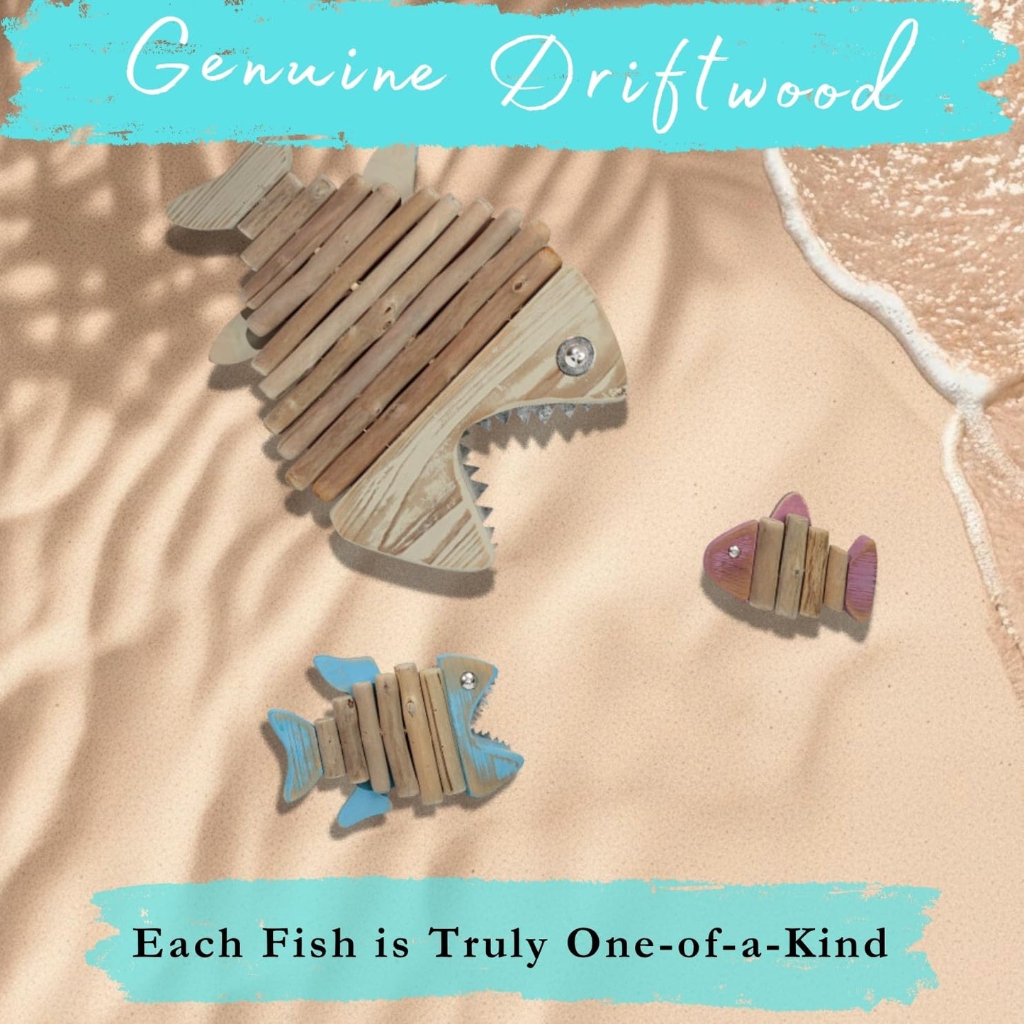 Driftwood Fish 3-in-1 Nautical Wall Decor - Handmade Wooden Rustic Coastal Wall Art for Living Room, Bedroom, Office, Bathroom - Ocean Beach Decoration (Skelly)
