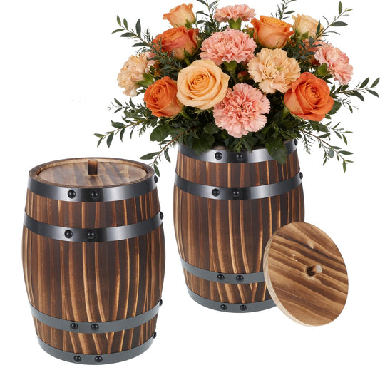 2 Pcs Wood Wine Barrel Vase Set Wooden Flower Planters Rustic Barrel Flower Vase Container for Home Indoor Outdoor Garden Kitchen Wedding Reception Party Table Decoration