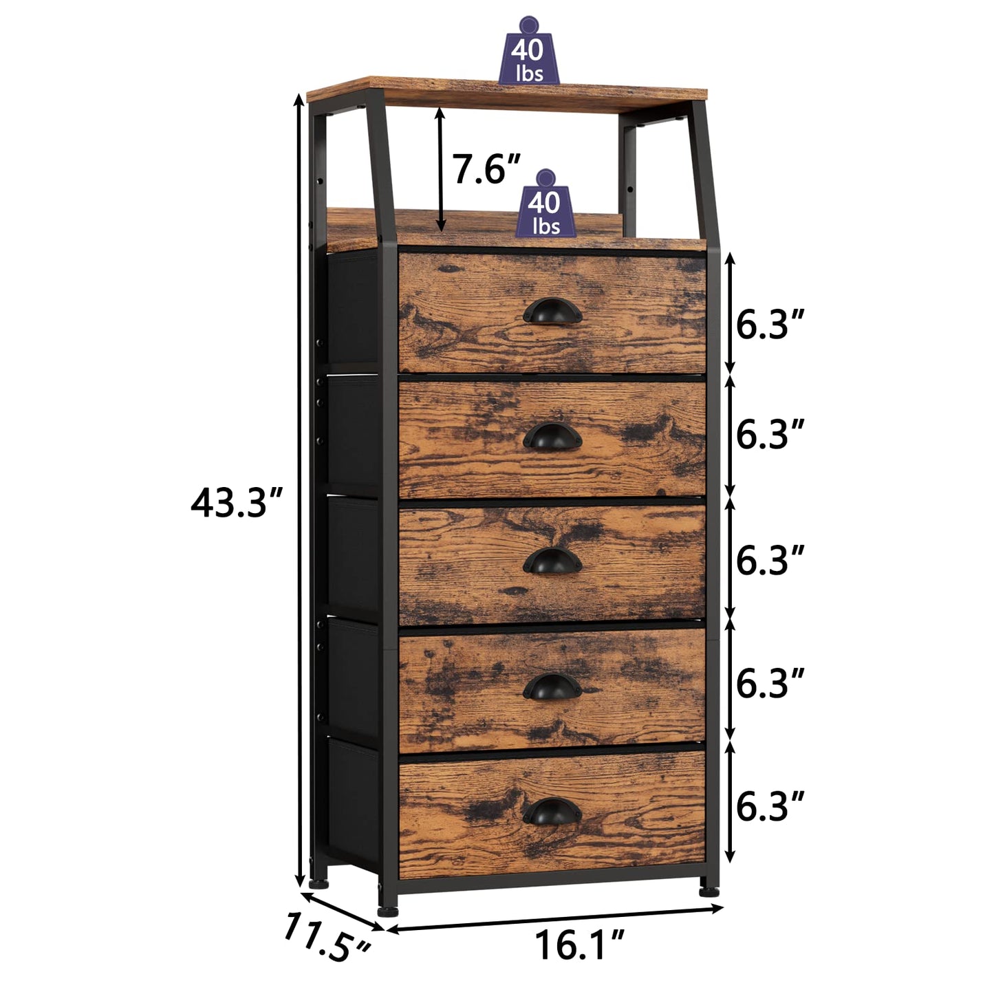 Furnulem Dresser for Bedroom, 5 Drawers Tall Nightstand, Chest of Drawers