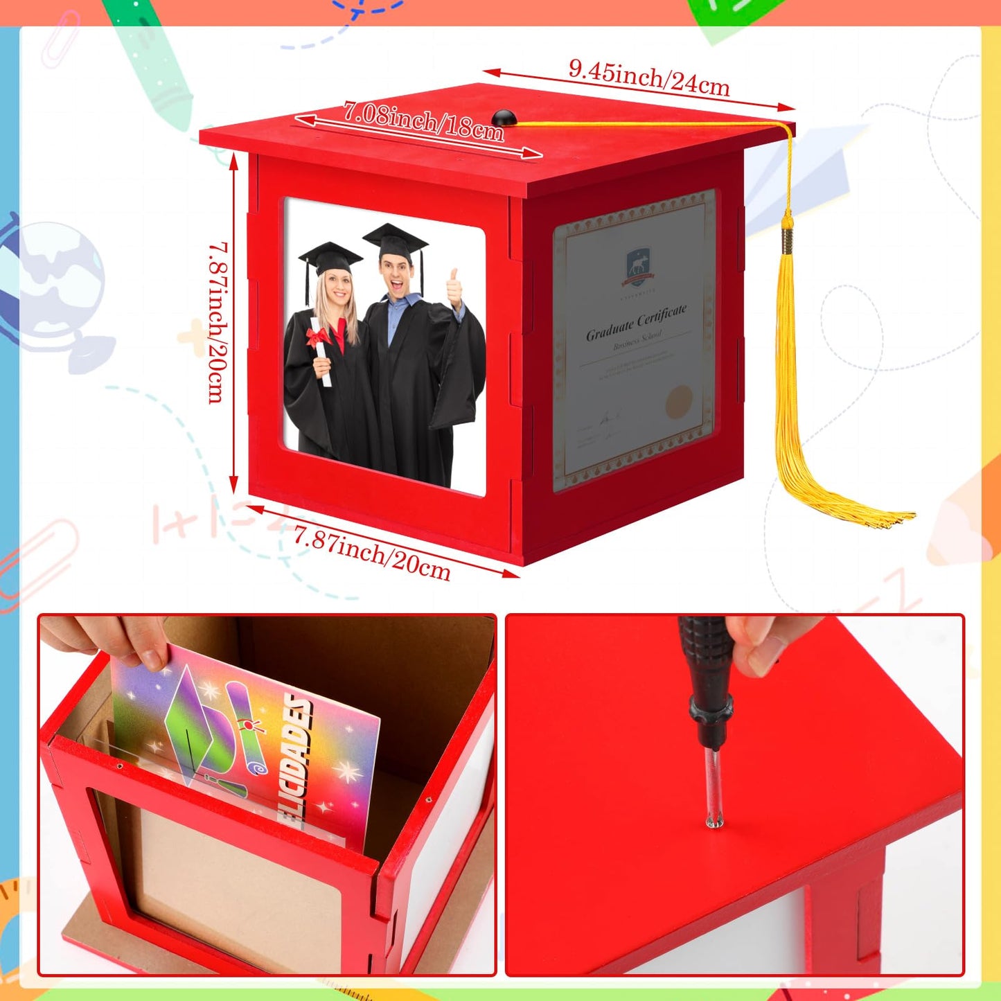 Menkxi 2026 Wooden Graduation Card Box Holder for Party with Picture Frame Graduation Cap Shaped Gift Card Box Decorations with Tassel for Grad College Party Favors(Red)