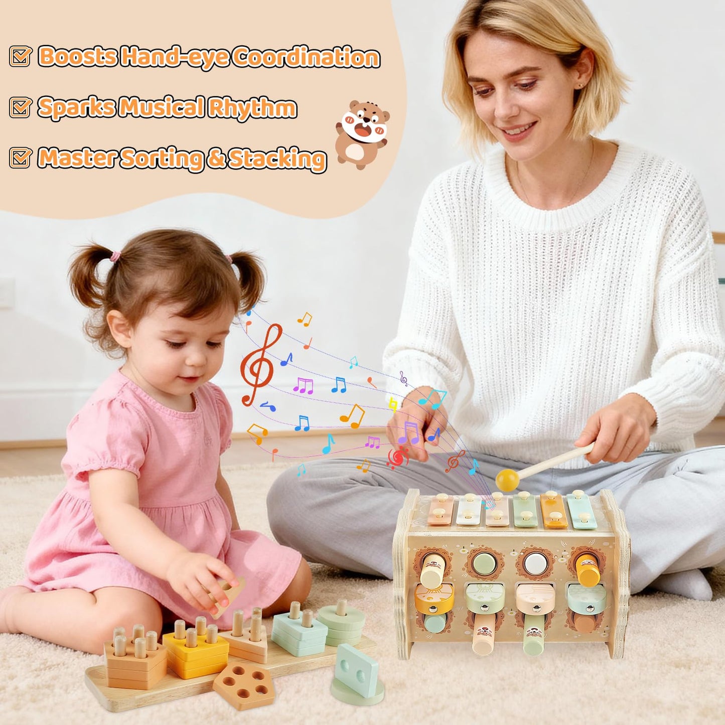 Wooden Montessori Toys for 1 Year Old, Sorting & Stacking Toys, Pounding Hammering Toy with Xylophone & Fishing Game, Car Ramp Toy 3 in 1 Wooden Toddler Toys 1 2 3 for Boys Girls Birthday Gifts