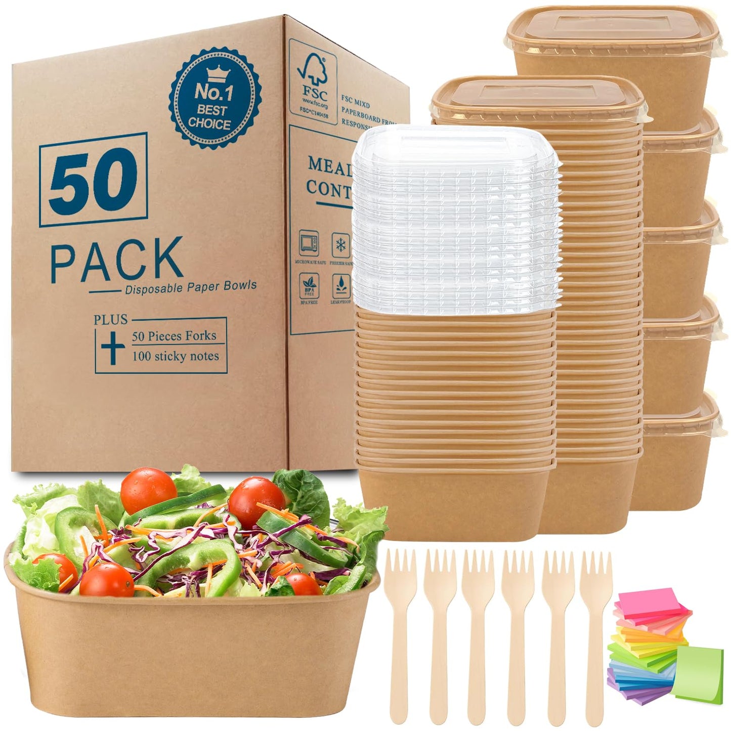 MINCOCO 50 Count Disposable Paper Bowls with Lids Meal Prep Containers 【Includes 50 Wooden Forks + 100 Labels】 Salad Food Containers Freezer & Microwave Safe Leakproof Soup Bowls (25 Ounce, 50-Count)